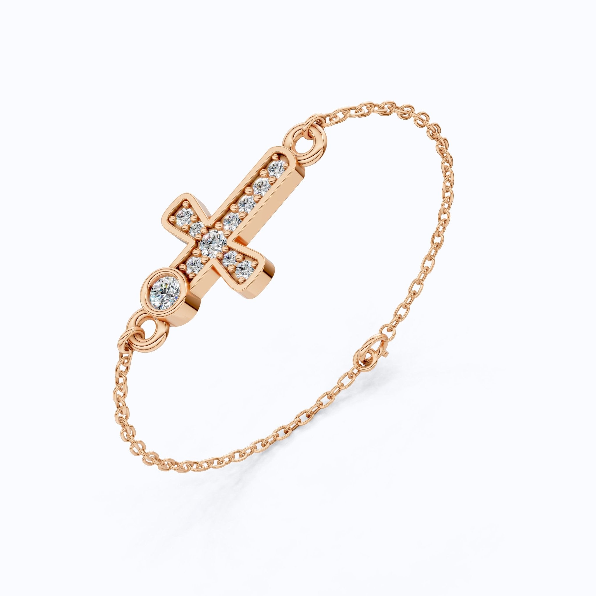 Sparkling Bezel and Cross Chain Bracelet in 14K Solid Gold, 0.13 TCW Round Cut Lab Created Diamonds, Birthday Gift For Her, Faith Jewelry - Shoora Designs