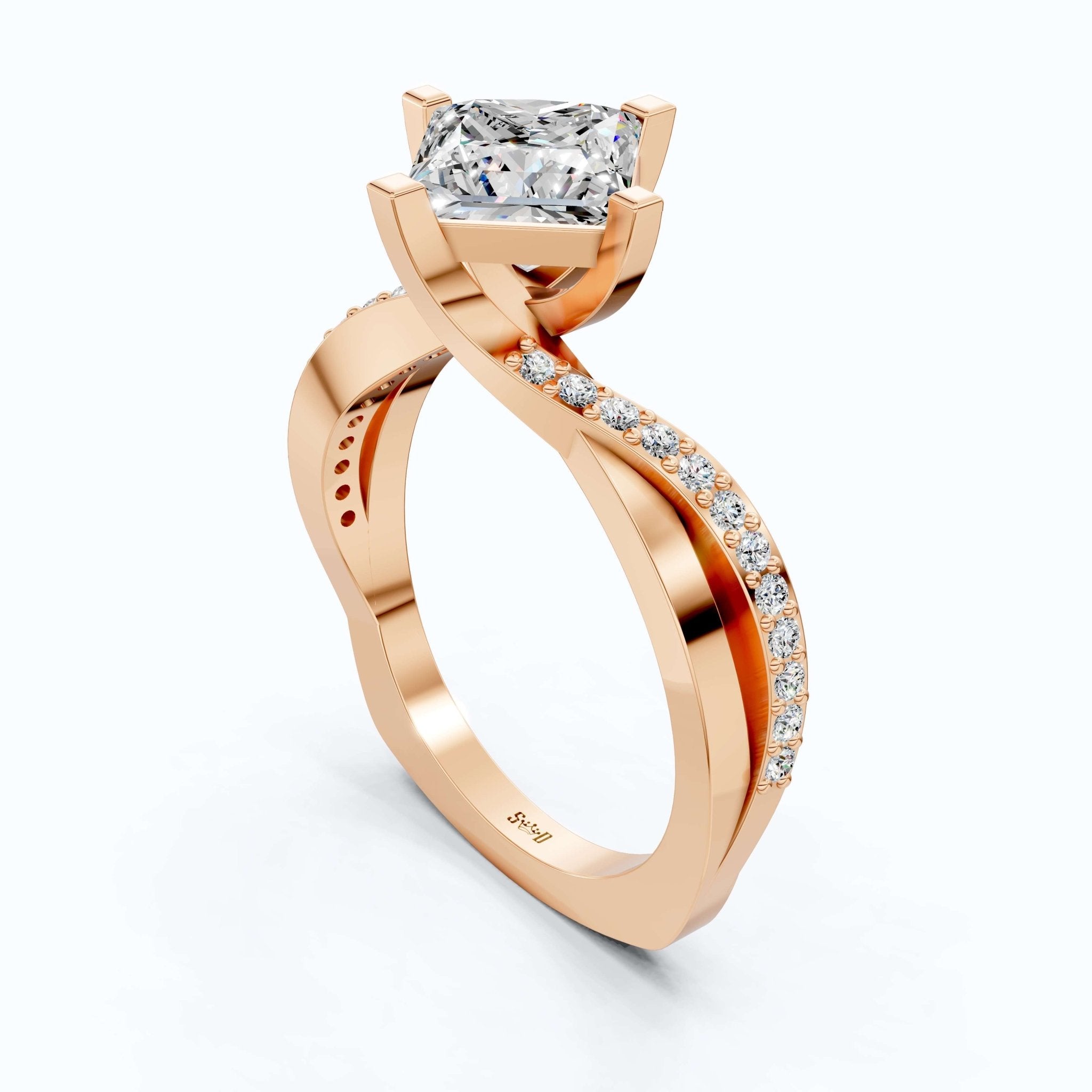 Sparkling Bypass Twisted Pave Engagement Ring in 14k Solid Gold, 1.50 CT Princess Cut Lab Created Diamond, Wedding Gift for Her - Shoora Designs