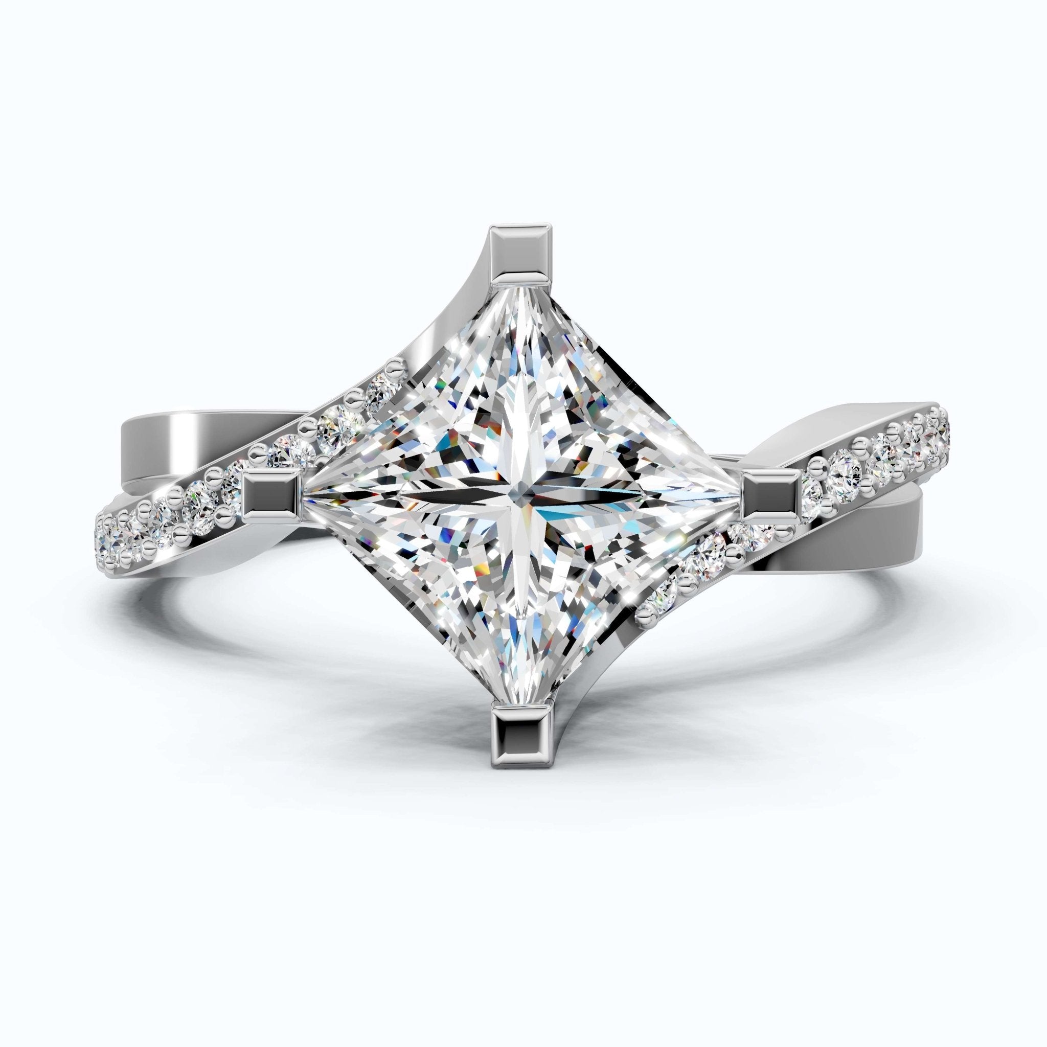 Sparkling Bypass Twisted Pave Engagement Ring in 14k Solid Gold, 1.50 CT Princess Cut Lab Created Diamond, Wedding Gift for Her - Shoora Designs