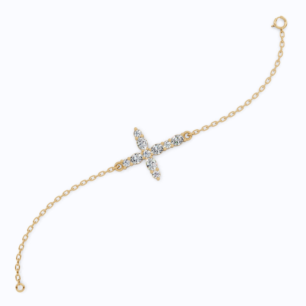 Sparkling Oval Cluster Cross Chain Bracelet in 14K Solid Gold, 0.75 TCW Oval Cut Lab Grown Diamonds, Faith Bracelet, Birthday Gift for Her - Shoora Designs