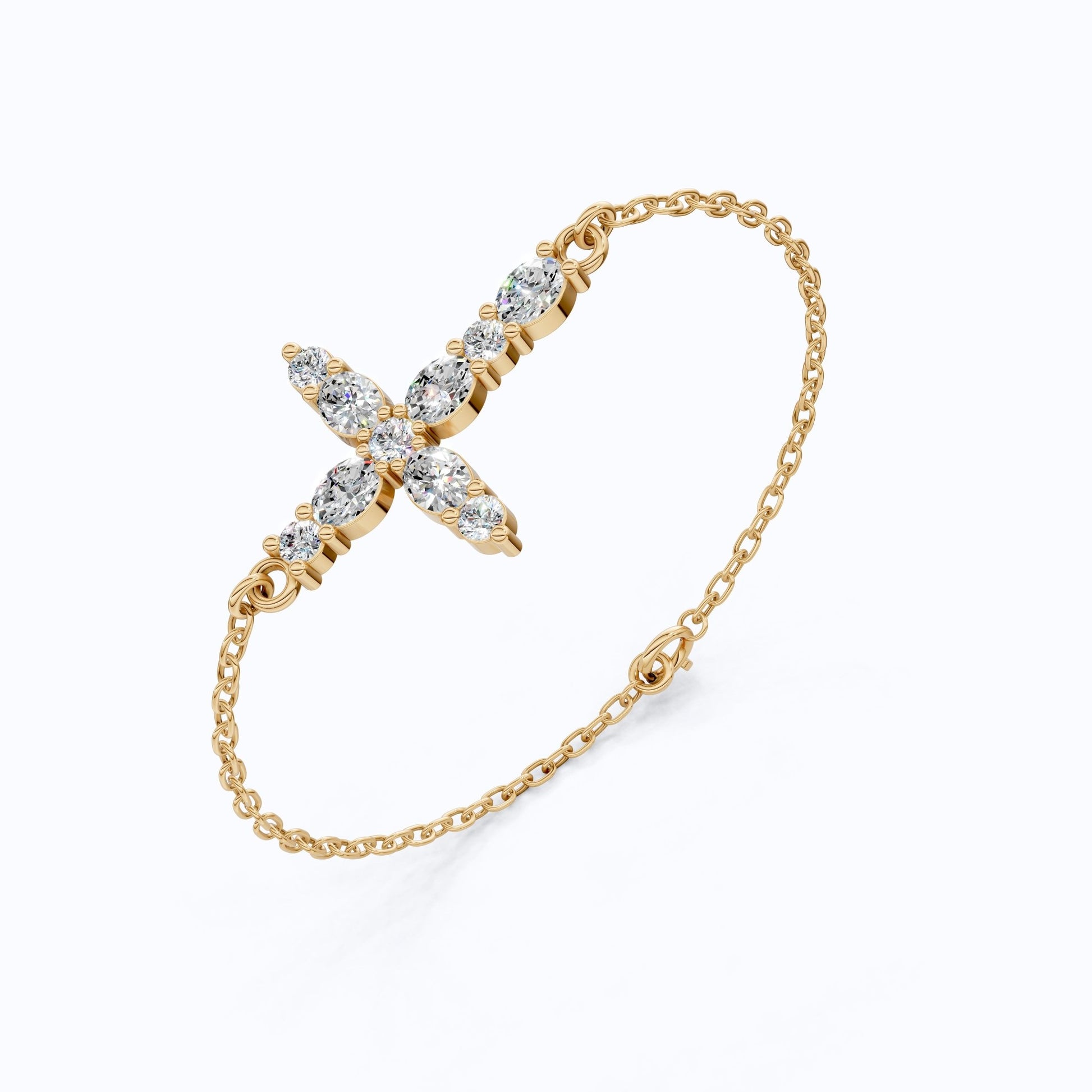 Sparkling Oval Cluster Cross Chain Bracelet in 14K Solid Gold, 0.75 TCW Oval Cut Lab Grown Diamonds, Faith Bracelet, Birthday Gift for Her - Shoora Designs
