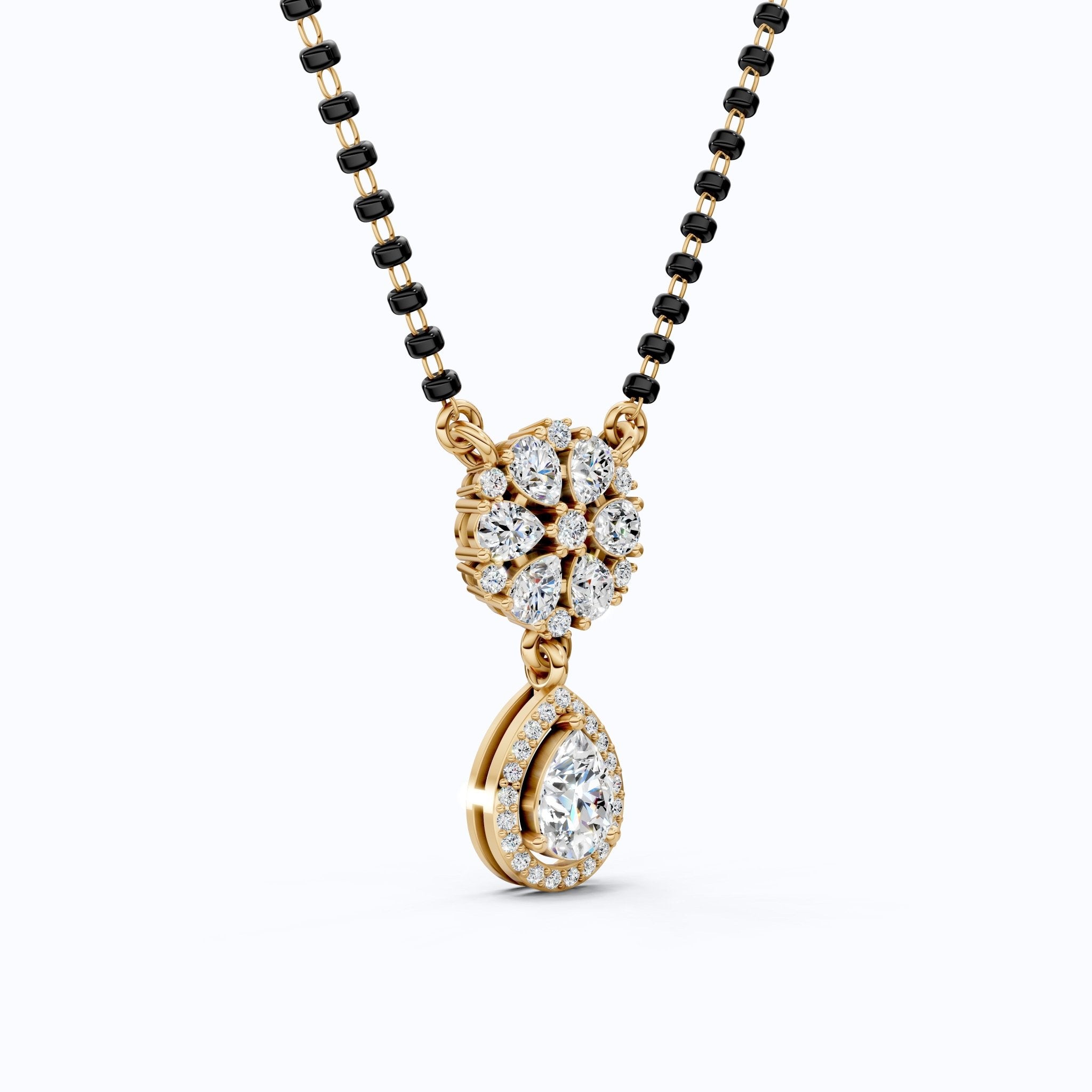 Sparkling Pear Halo Cluster Floral Tanmaniya Mangalsutra in 14K Solid Gold, 2.01 TCW Pear Cut Lab Grown Diamonds, Reception Jewelry, Everyday Pendant Necklace - Shoora Designs
