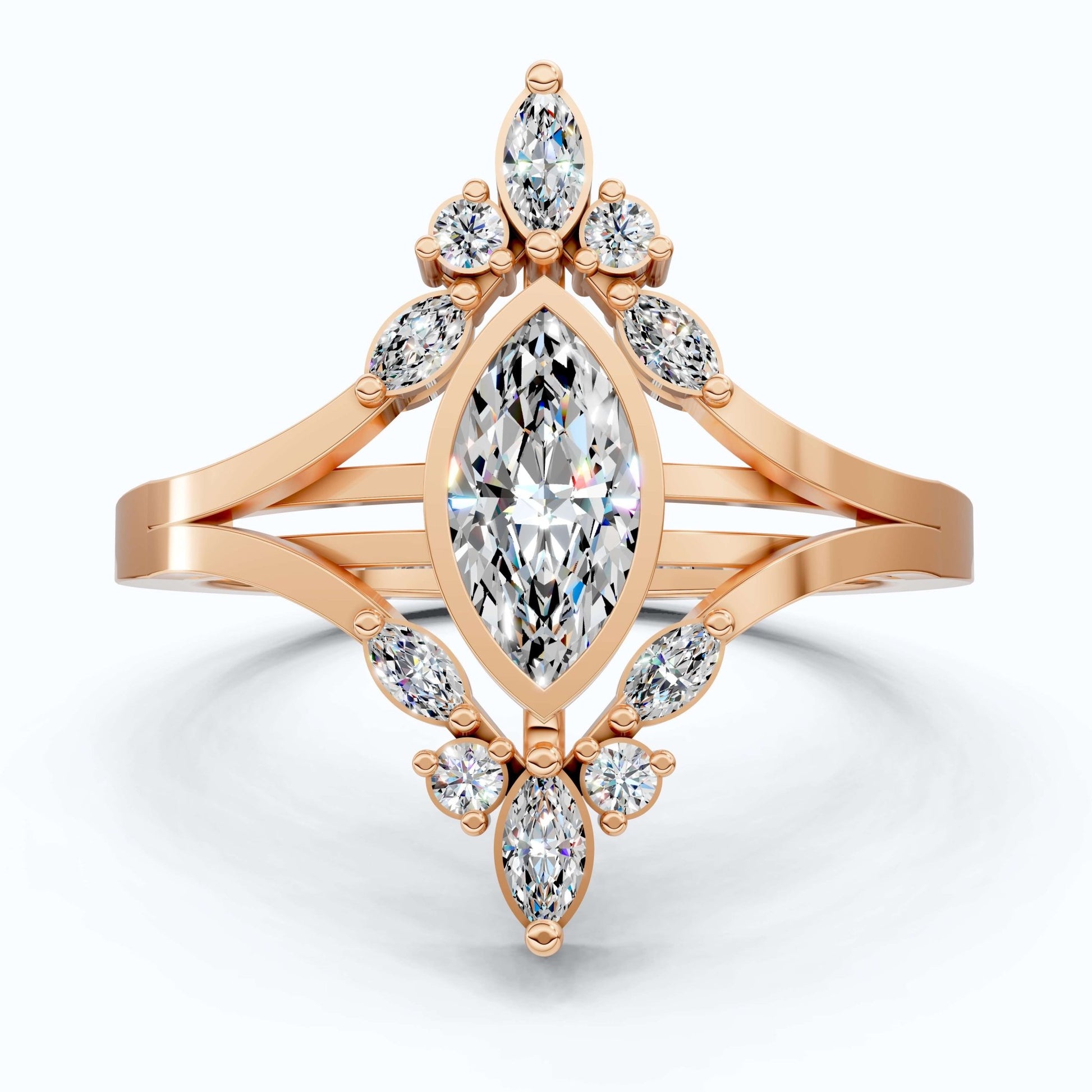 Splendid Marquise Cluster Halo Engagement Ring in 14k Solid Gold, 0.47 TCW Marquise/Round Cut Lab Created Diamonds, Anniversary Gift For Her, Everyday Ring - Shoora Designs