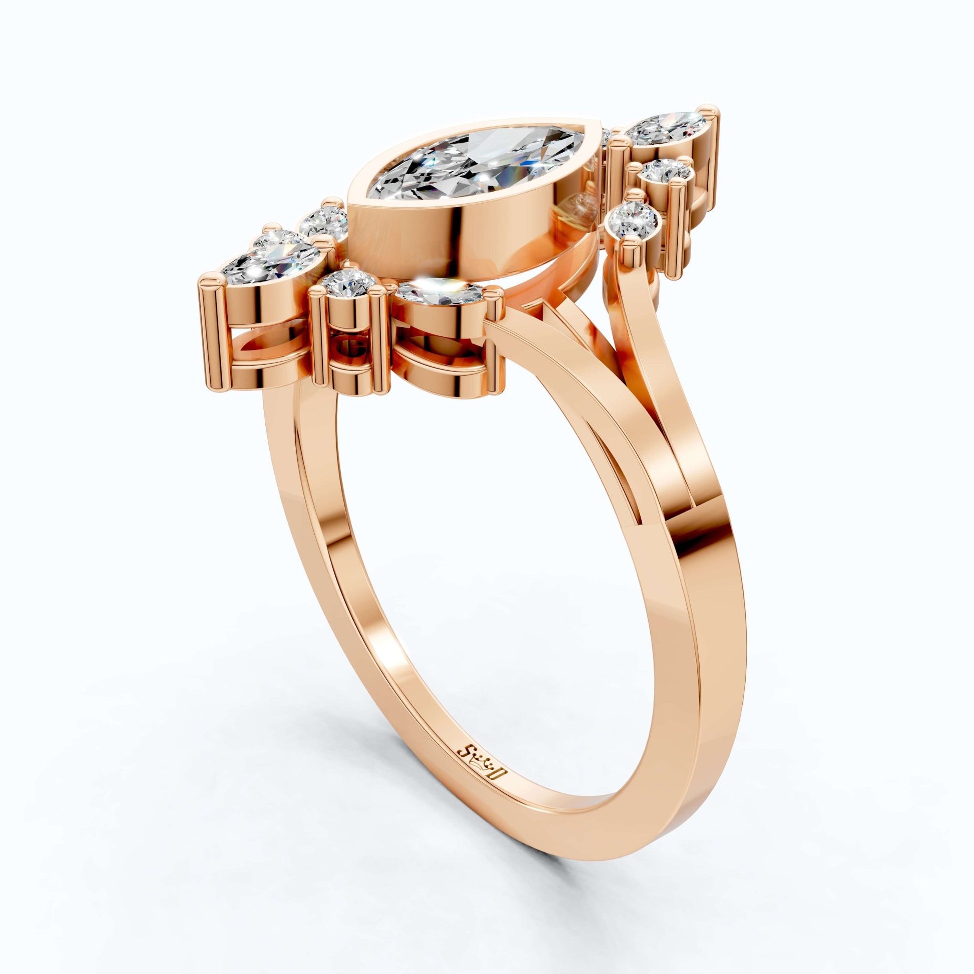 Splendid Marquise Cluster Halo Engagement Ring in 14k Solid Gold, 0.47 TCW Marquise/Round Cut Lab Created Diamonds, Anniversary Gift For Her, Everyday Ring - Shoora Designs