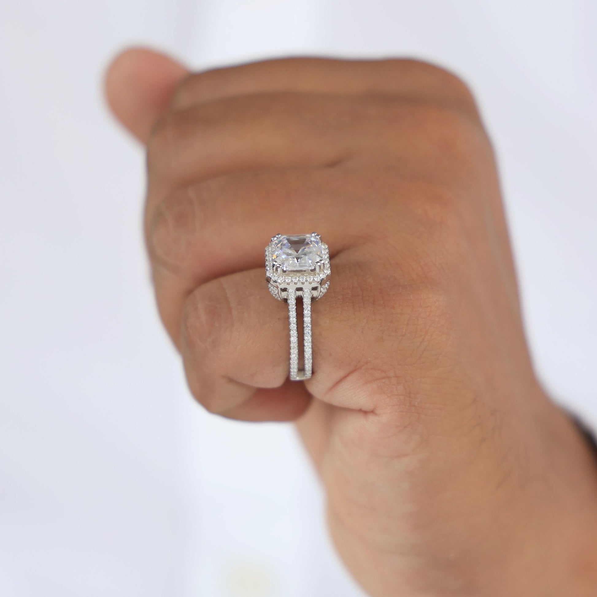 Split Shank Asscher Halo Statement Engagement Ring in Lab Diamond - 14k Solid Gold, Vintage Wedding Ring, Birthday Gift - Shoora Designs