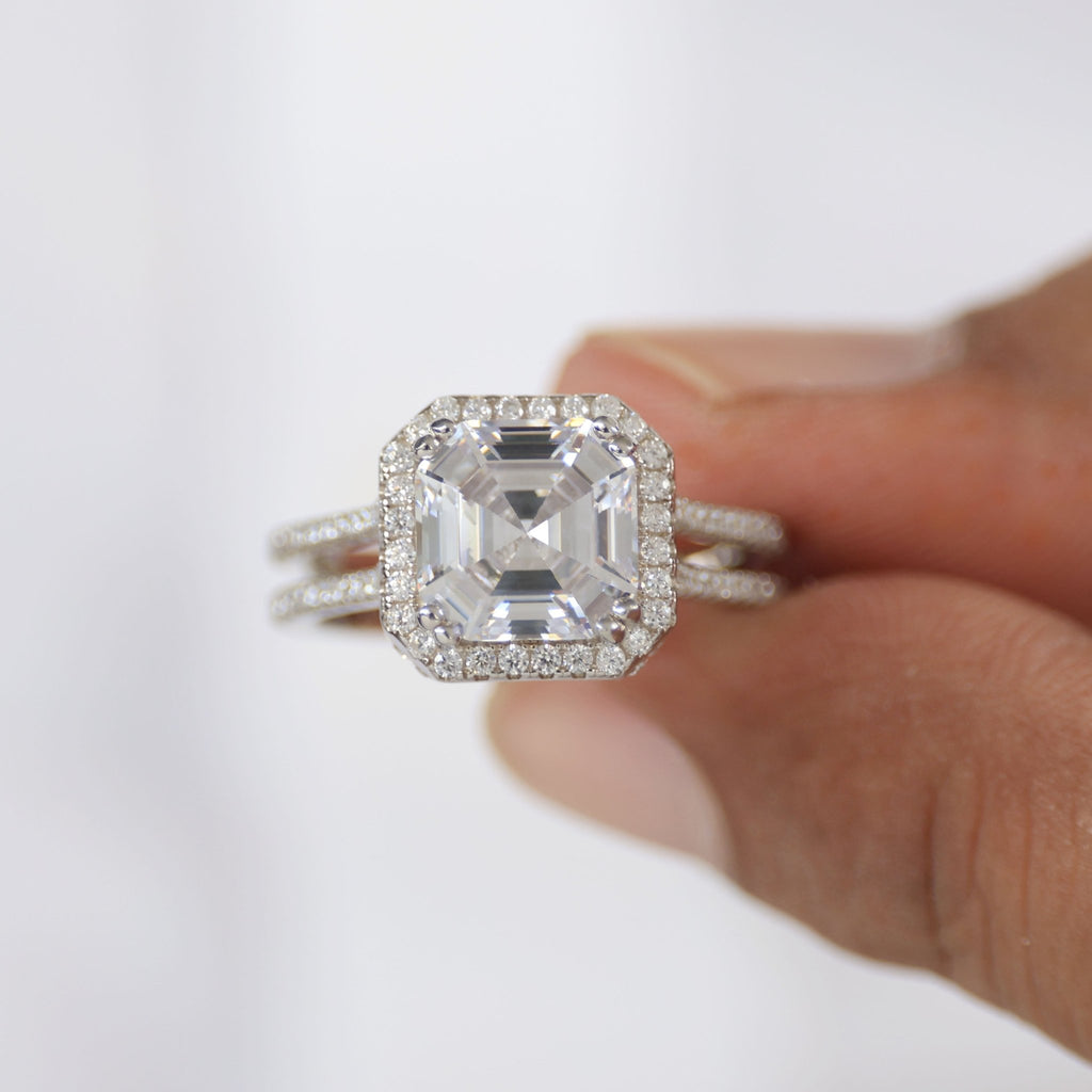 Split Shank Asscher Halo Statement Engagement Ring in Lab Diamond - 14k Solid Gold, Vintage Wedding Ring, Birthday Gift - Shoora Designs