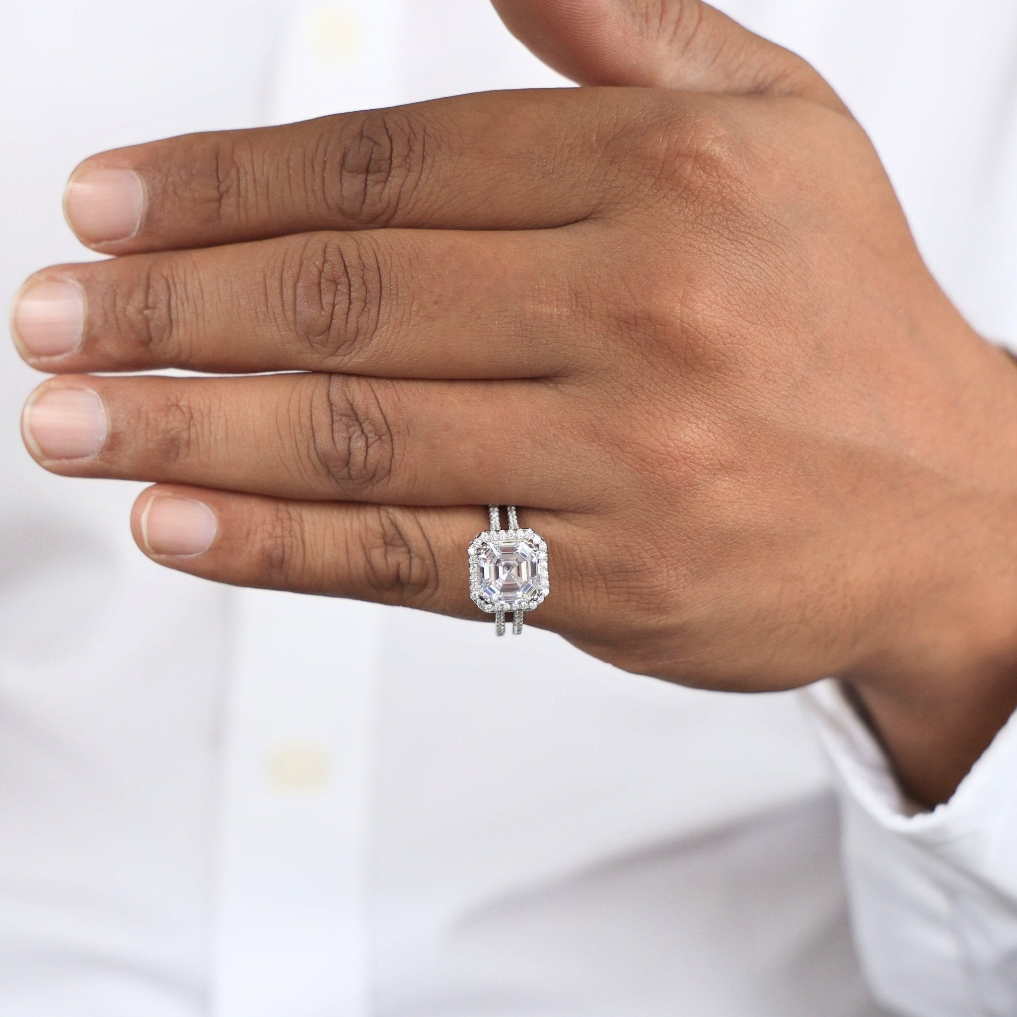 Split Shank Asscher Halo Statement Engagement Ring in Lab Diamond - 14k Solid Gold, Vintage Wedding Ring, Birthday Gift - Shoora Designs