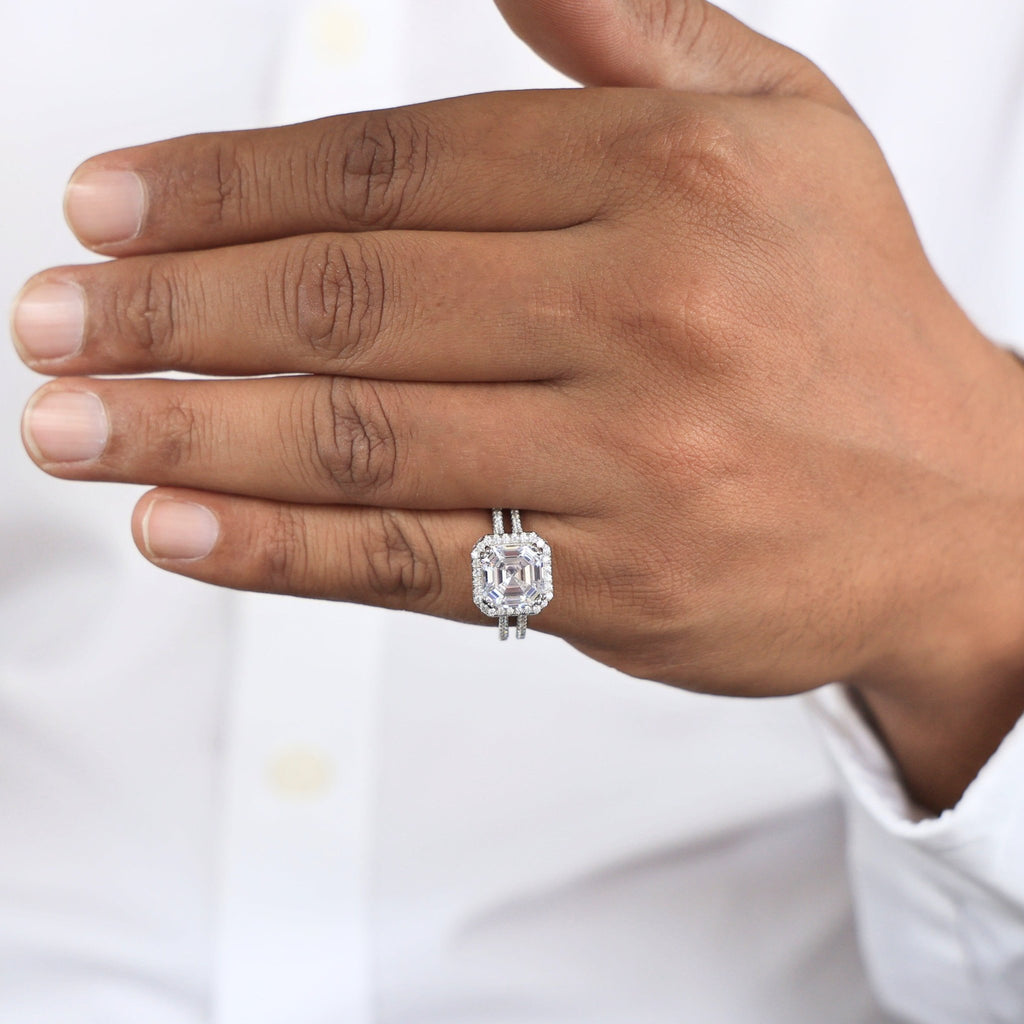 Split Shank Asscher Halo Statement Engagement Ring in Lab Diamond - 14k Solid Gold, Vintage Wedding Ring, Birthday Gift - Shoora Designs