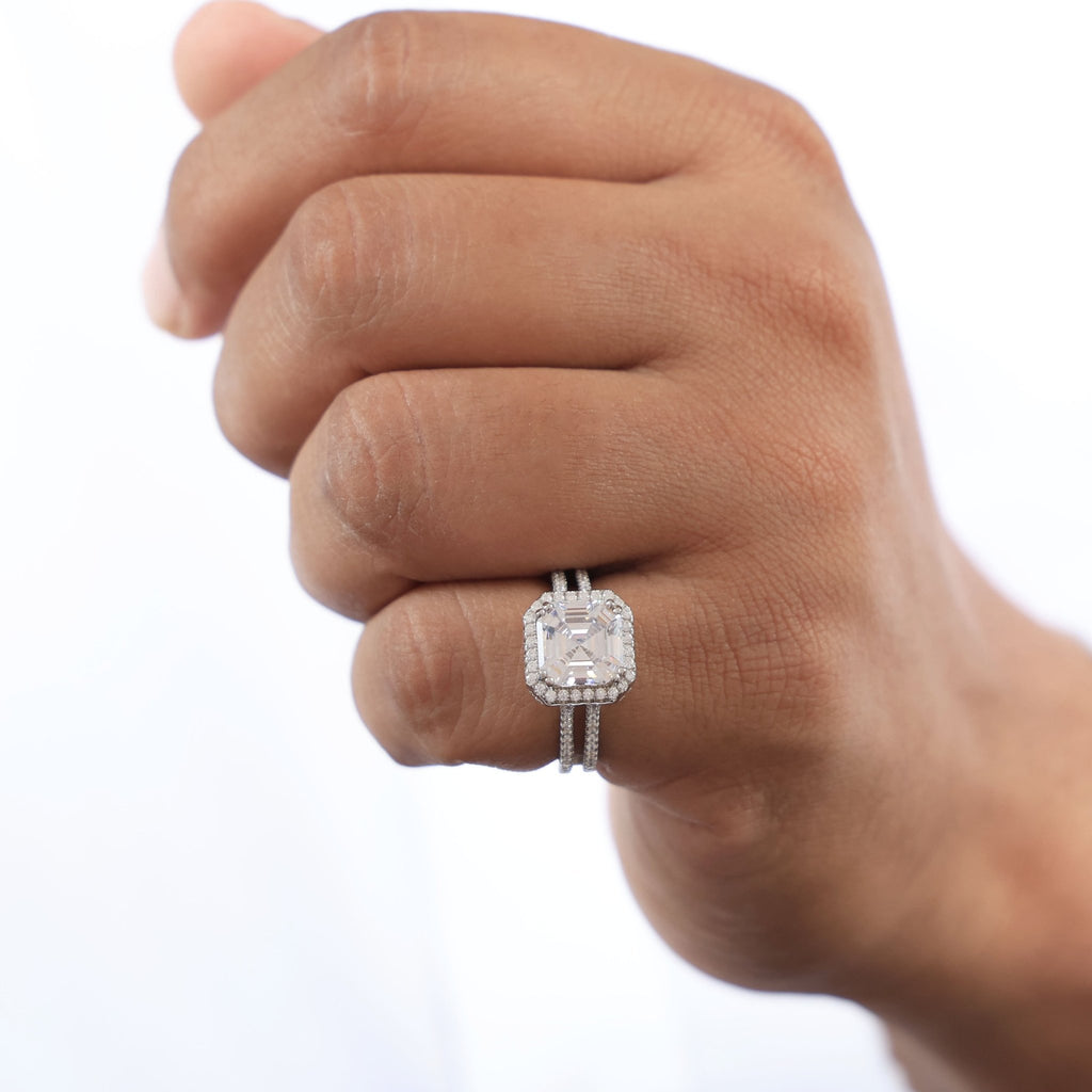 Split Shank Asscher Halo Statement Engagement Ring in Lab Diamond - 14k Solid Gold, Vintage Wedding Ring, Birthday Gift - Shoora Designs