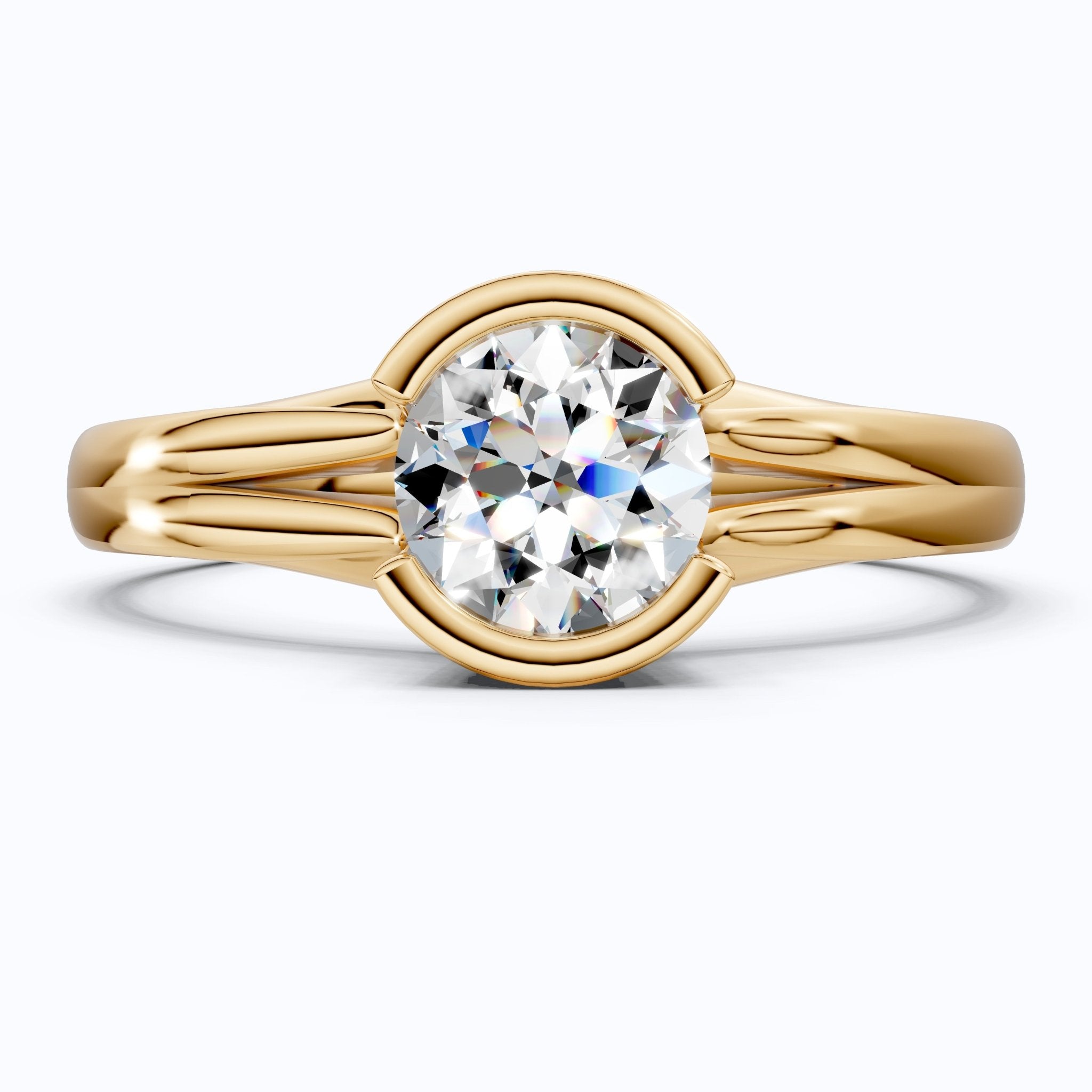 Split Shank Bezel Set Solitaire Engagement Ring in 14k Solid Gold, 0.50 CT CT Round Cut Lab Created Diamond, Wedding GIft for Her - Shoora Designs