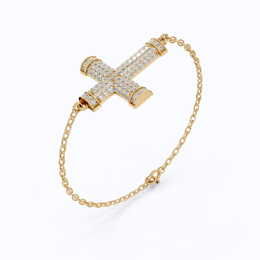 Statement Pavé Cross Design Bracelet in 14K Solid Gold, 0.58 TCW Round Cut Lab Grown Diamonds, Handmade Chain Bracelet, Anniversary Gift for Her - Shoora Designs