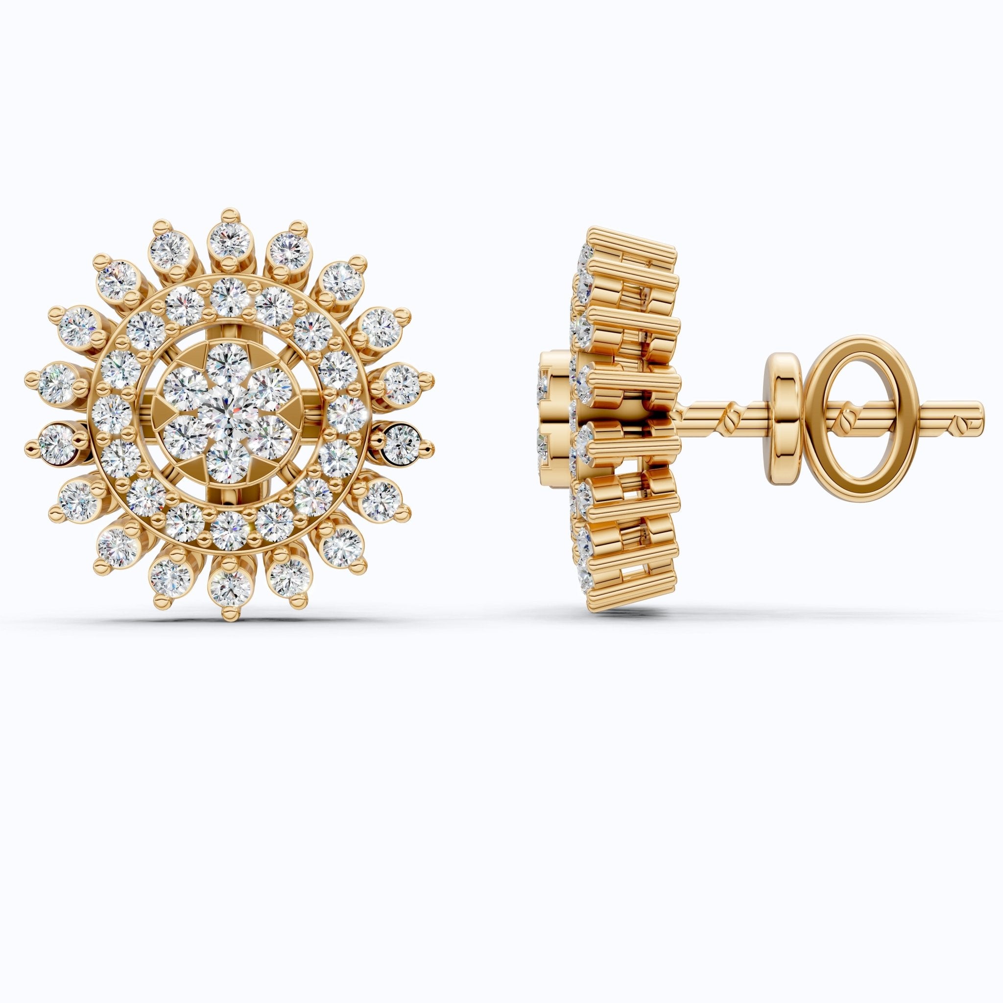 Statement Sunburst Floral Stud Halo Earrings in Lab Diamond - 14k Solid Gold, Wedding Jewelry, Perfect Gift for Women - Shoora Designs