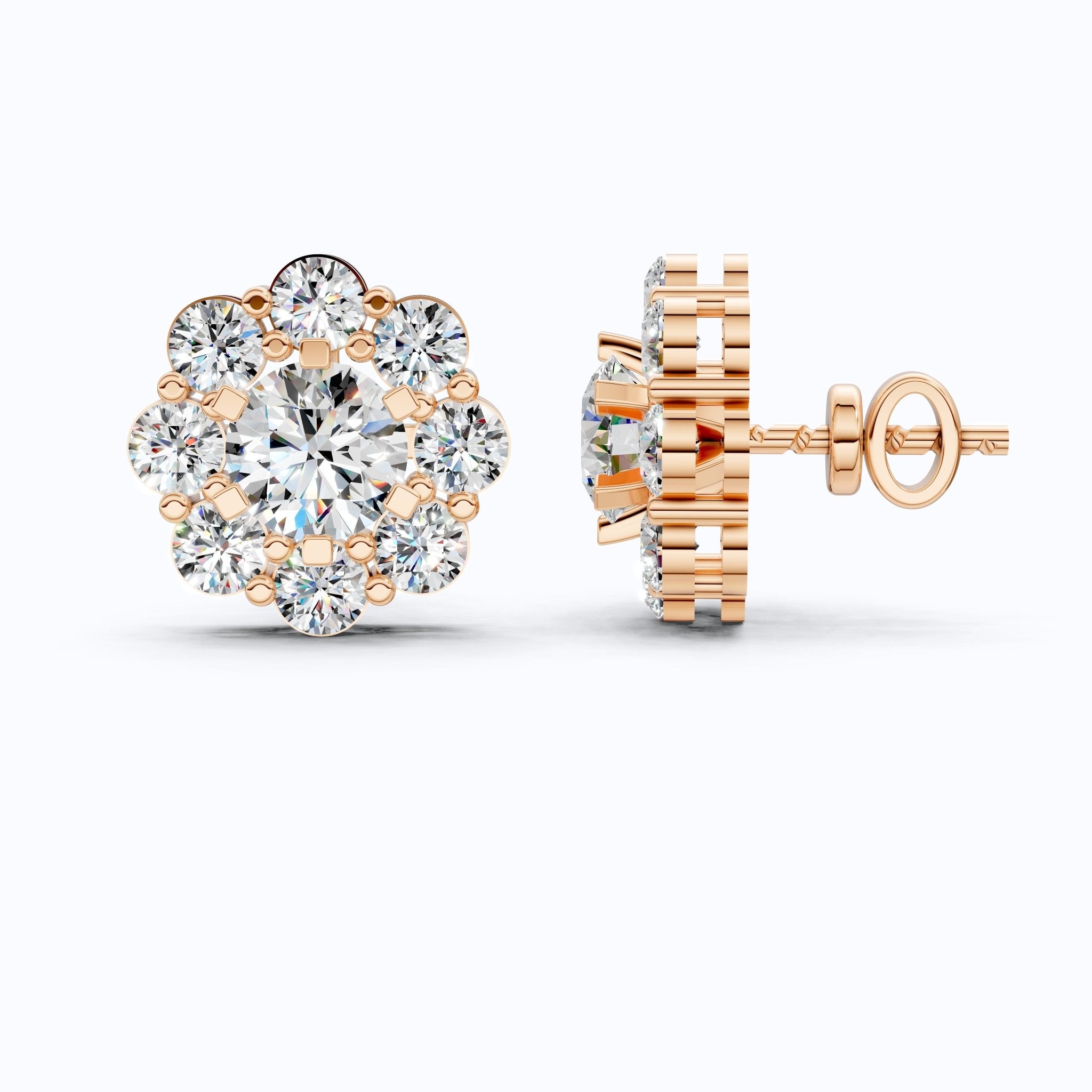 Sunflower Floral Halo Cluster Stud Earrings in 14K Solid Gold, 4.74 TCW Round Cut Lab Grown Diamonds, Bridal Jewelry, Wedding Gift for Her - Shoora Designs