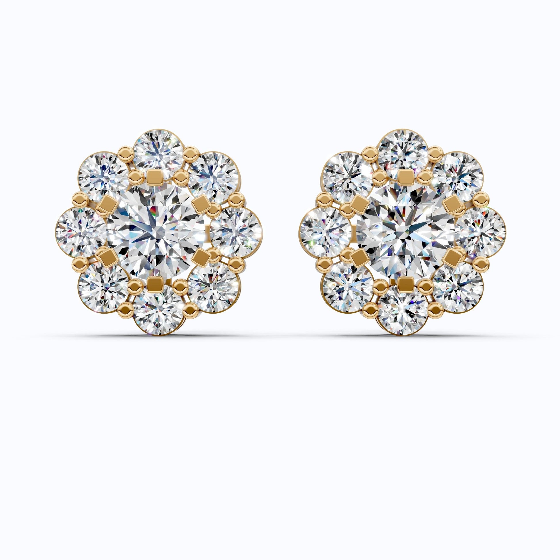 Sunflower Floral Halo Cluster Stud Earrings in 14K Solid Gold, 4.74 TCW Round Cut Lab Grown Diamonds, Bridal Jewelry, Wedding Gift for Her - Shoora Designs