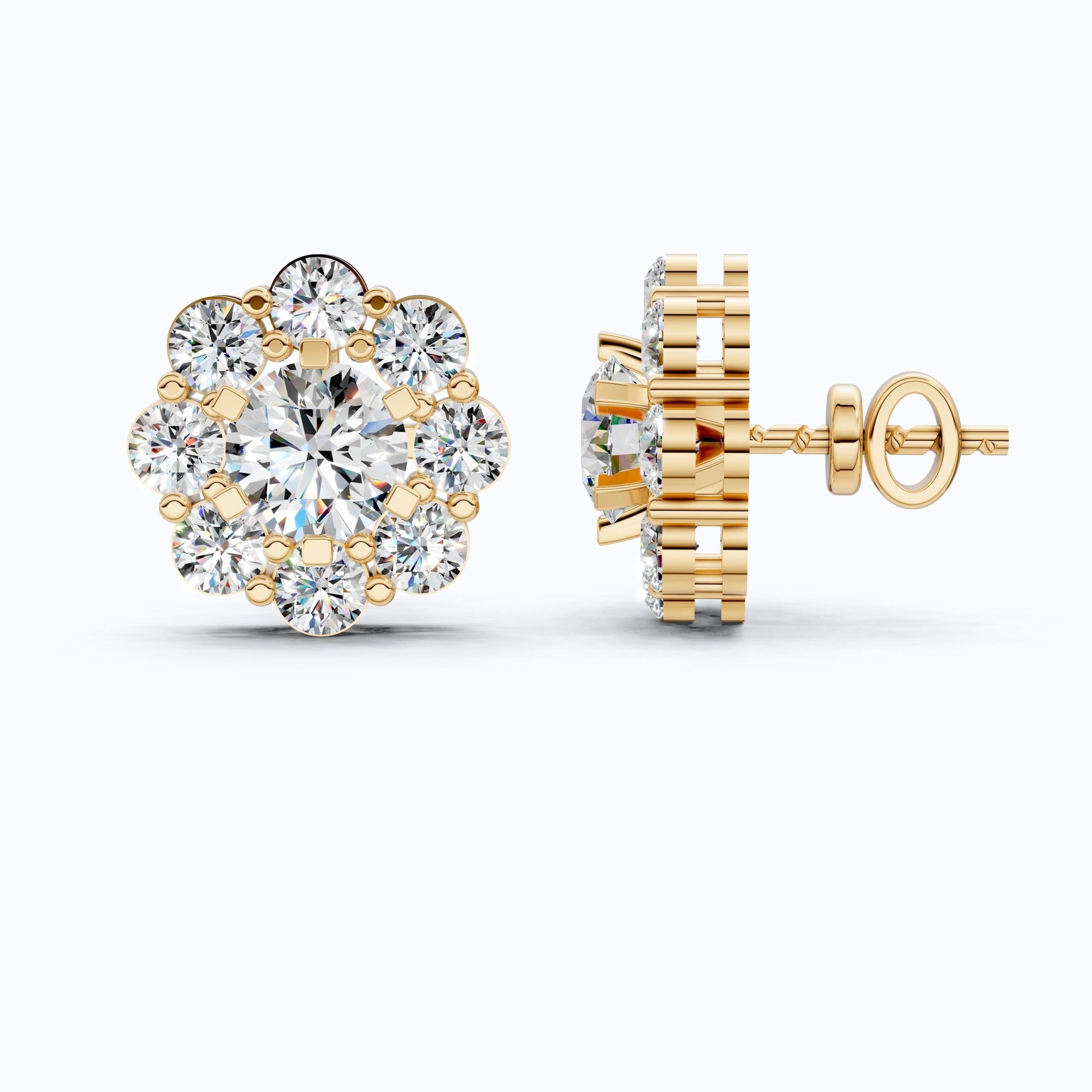 Sunflower Floral Halo Cluster Stud Earrings in 14K Solid Gold, 4.74 TCW Round Cut Lab Grown Diamonds, Bridal Jewelry, Wedding Gift for Her - Shoora Designs