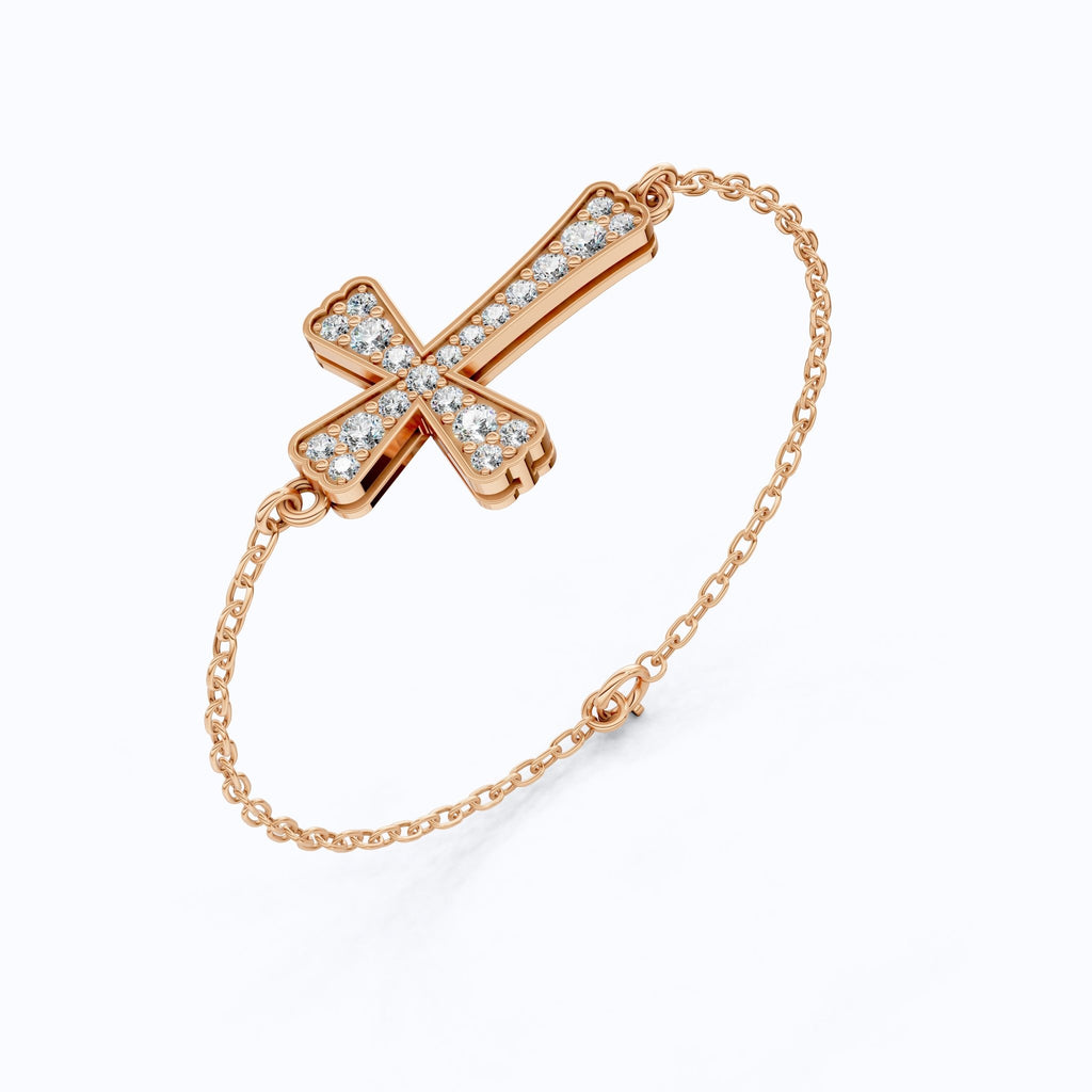 Tapered pavé cross Chain bracelet in 14K Solid Gold, 0.52 TCW Round Cut Lab Created Diamonds, Dainty Faith Bracelet, Wedding Gift for Her - Shoora Designs