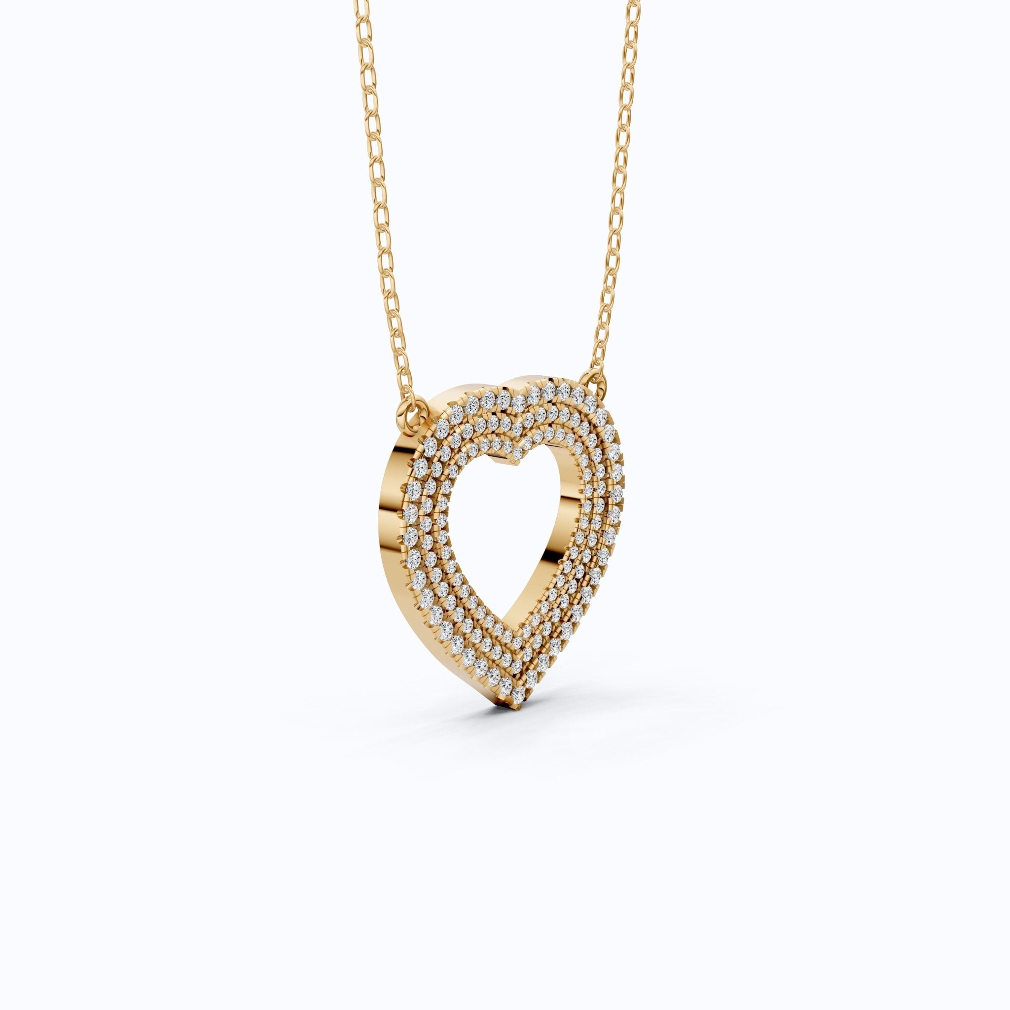 Three - Row Pavé Open Heart Pendant in 14k Solid Gold, 0.91 TCW Round Cut Lab Grown Diamonds, Anniversary Gift for Her, Handmade Jewelry - Shoora Designs