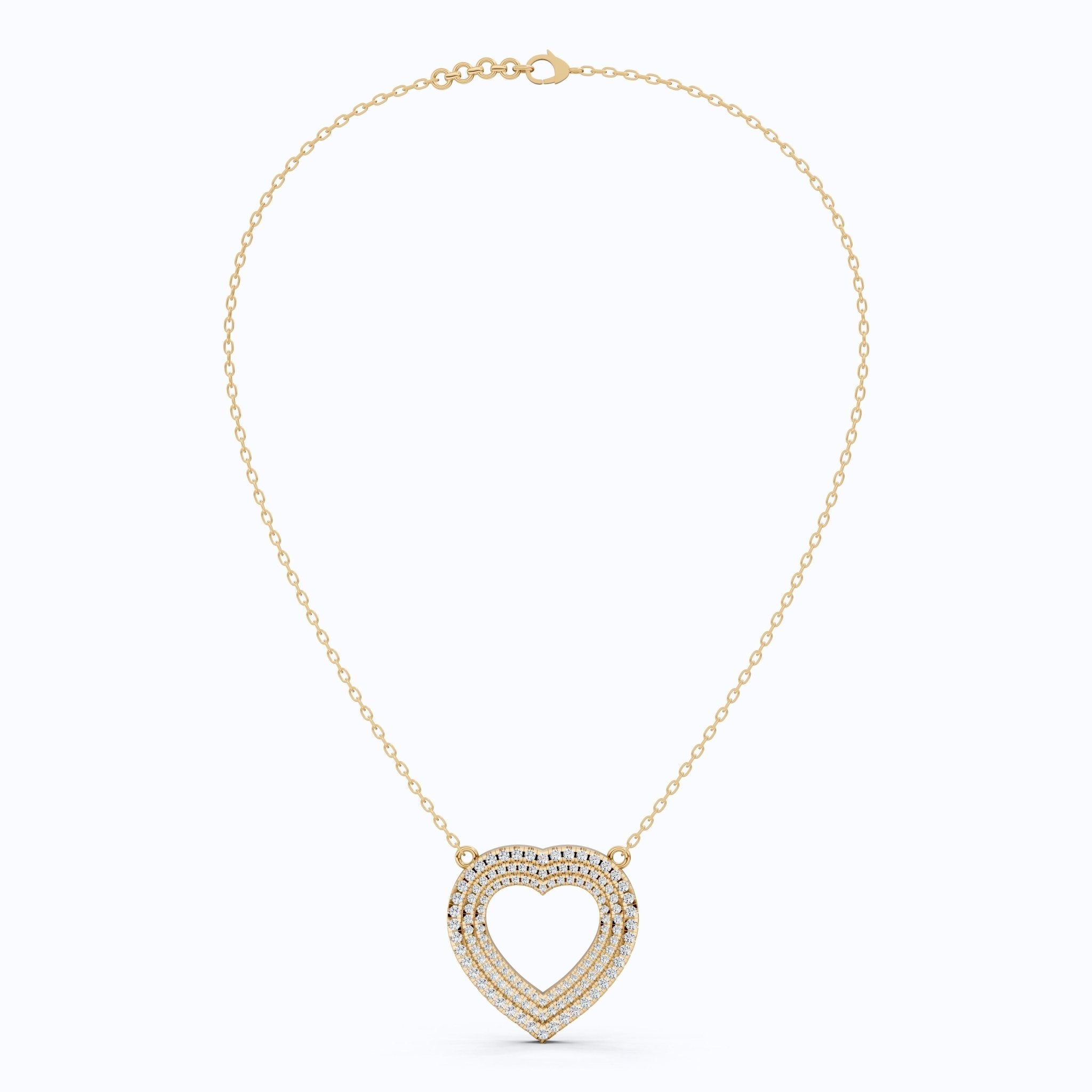 Three - Row Pavé Open Heart Pendant in 14k Solid Gold, 0.91 TCW Round Cut Lab Grown Diamonds, Anniversary Gift for Her, Handmade Jewelry - Shoora Designs