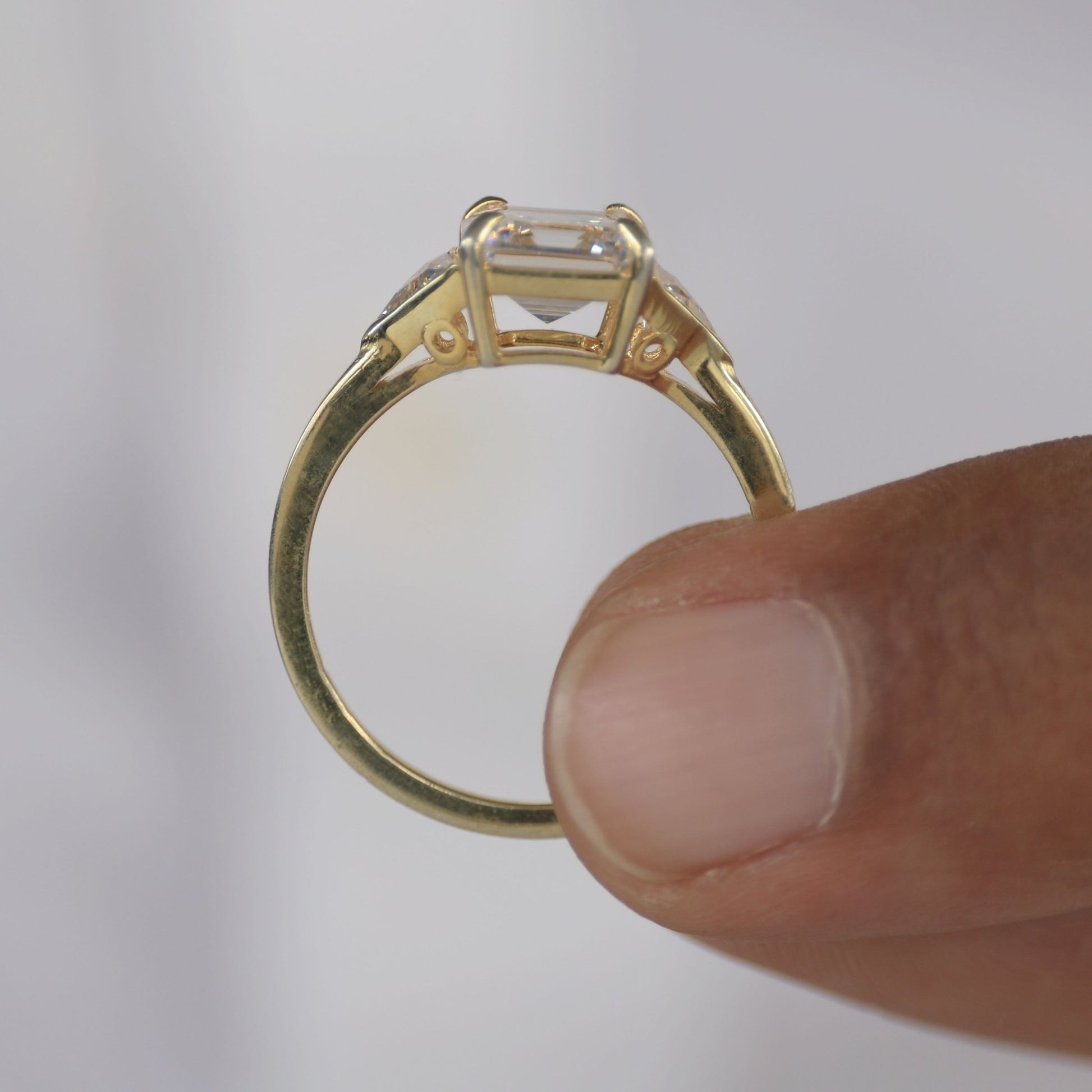 Three Stone Art Deco Asscher Cut Engagement Ring in 14k Solid Gold, 3.00 CT Asscher Cut Lab Created Diamond, Bridal Jewelry, Gift for Her, Unisex Ring - Shoora Designs