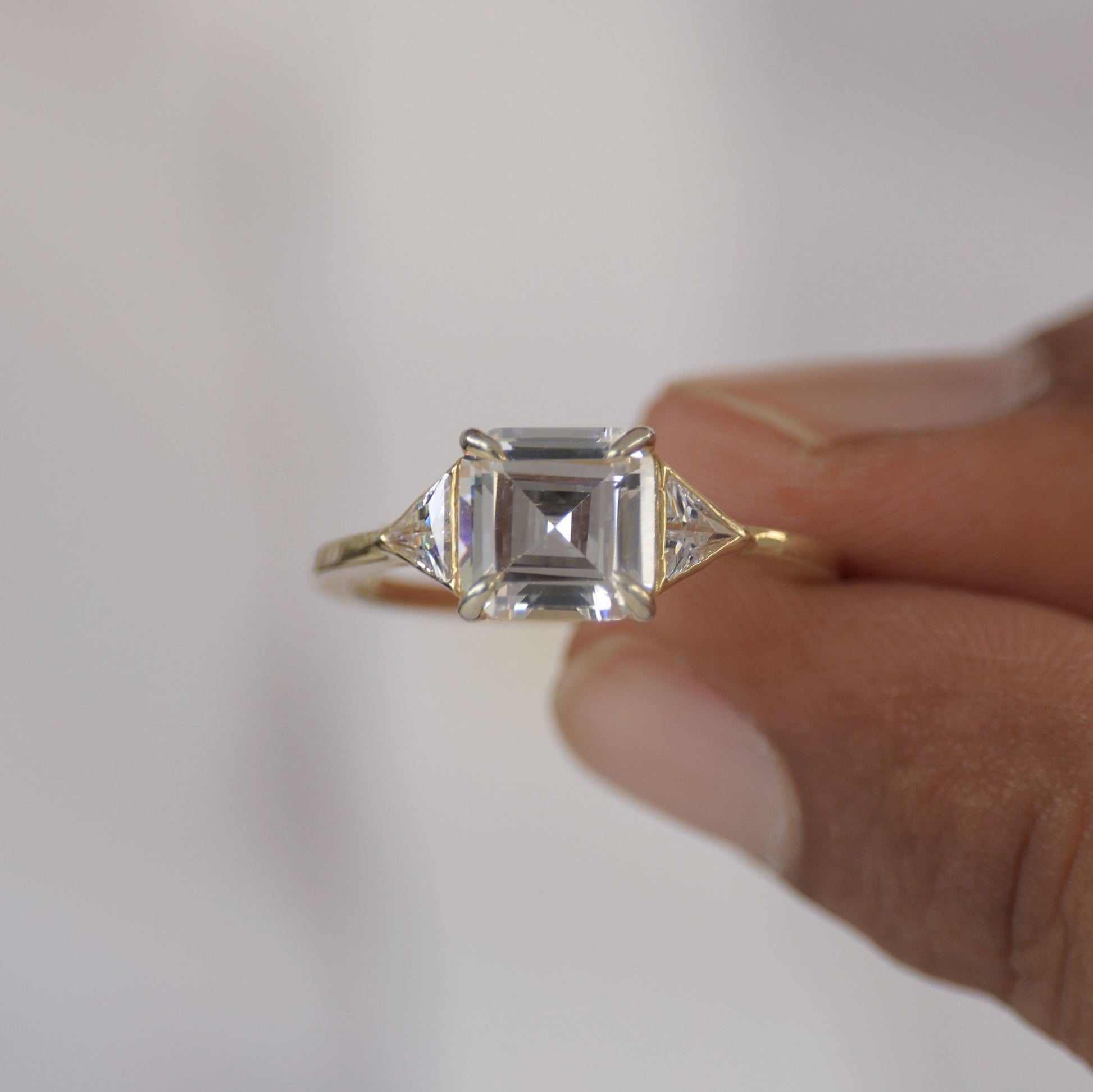 Three Stone Art Deco Asscher Cut Engagement Ring in 14k Solid Gold, 3.00 CT Asscher Cut Lab Created Diamond, Bridal Jewelry, Gift for Her, Unisex Ring - Shoora Designs