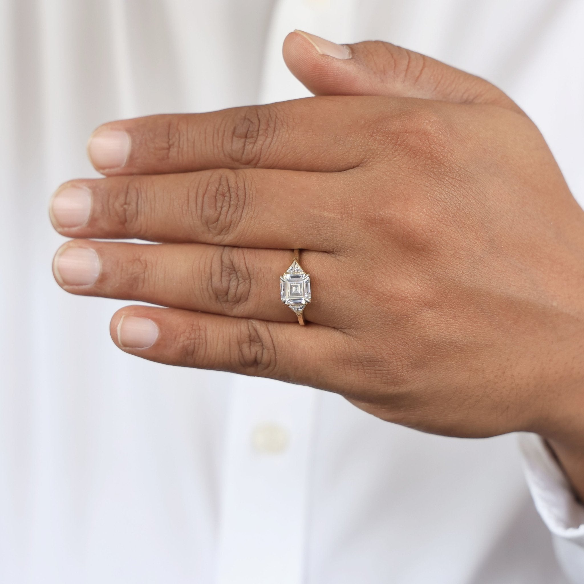 Three Stone Art Deco Asscher Cut Engagement Ring in 14k Solid Gold, 3.00 CT Asscher Cut Lab Created Diamond, Bridal Jewelry, Gift for Her, Unisex Ring - Shoora Designs