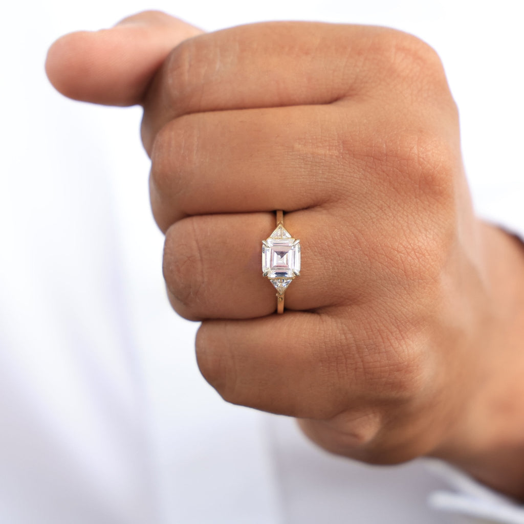 Three Stone Art Deco Asscher Cut Engagement Ring in 14k Solid Gold, 3.00 CT Asscher Cut Lab Created Diamond, Bridal Jewelry, Gift for Her, Unisex Ring - Shoora Designs