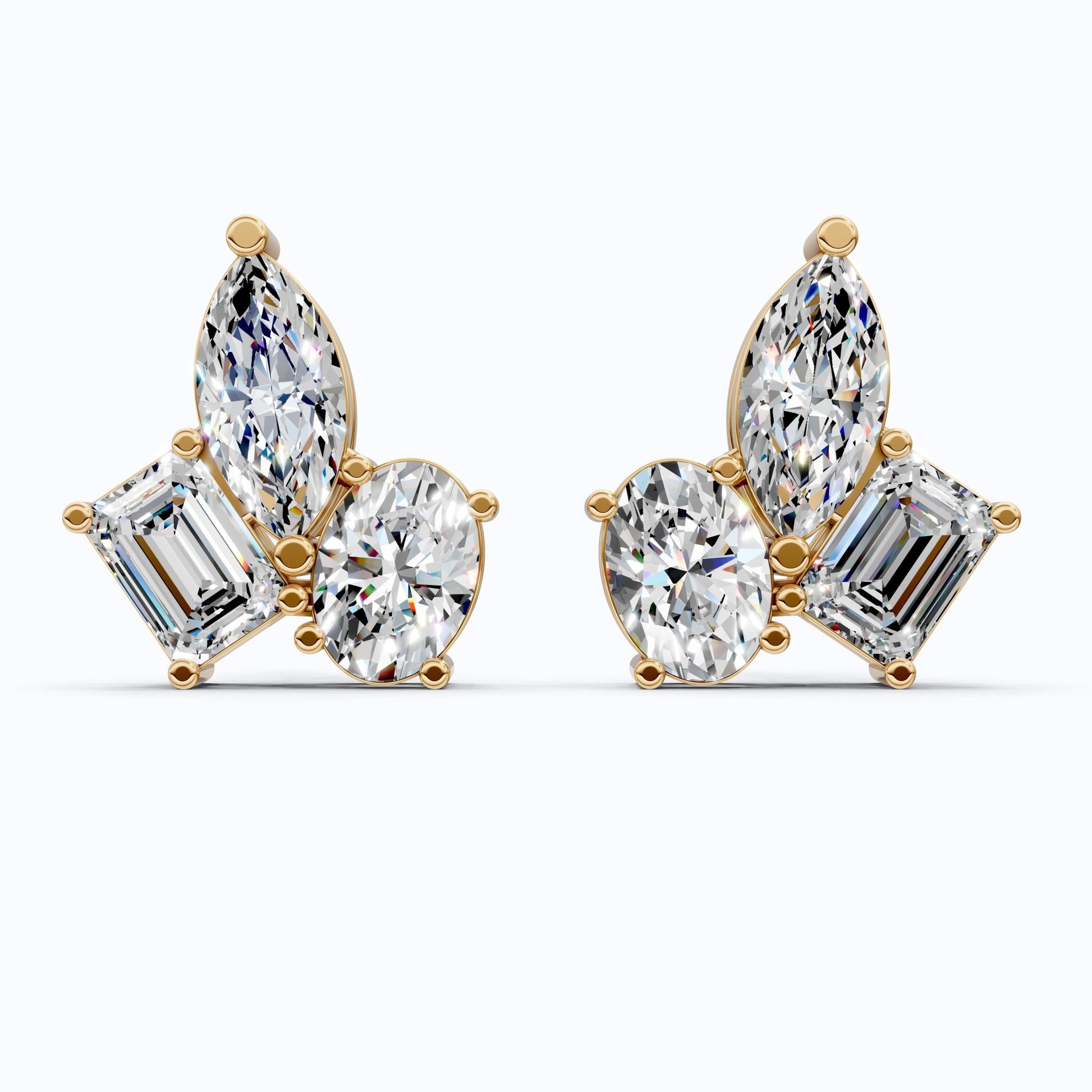 Three Stone Cluster Wedding Earrings in 14k Solid Gold, 3.00 TCW Marquise/Oval/Emerald Cut Lab Grown Diamonds, Trio Stud Earrings For Women, Anniversary Gift - Shoora Designs