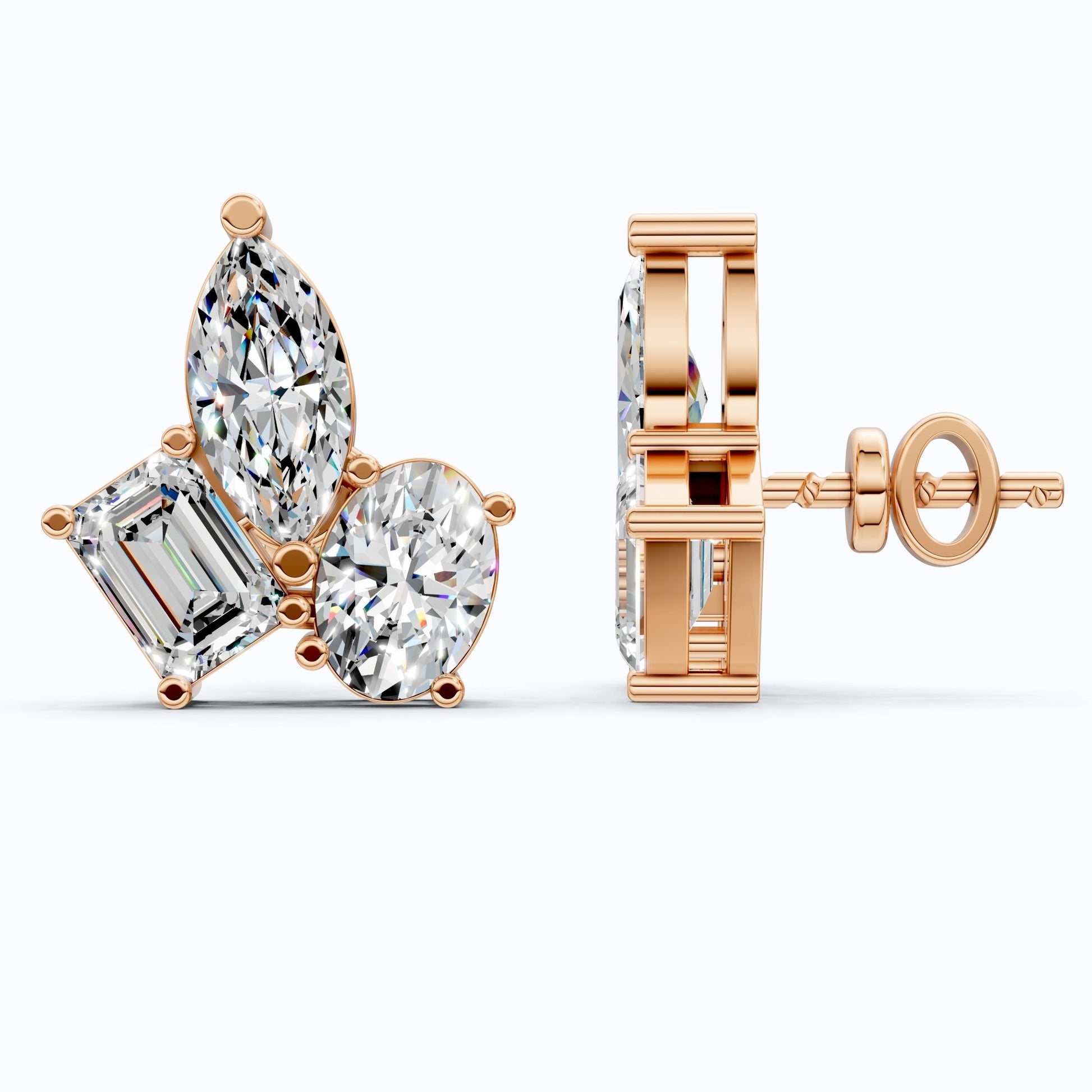 Three Stone Cluster Wedding Earrings in 14k Solid Gold, 3.00 TCW Marquise/Oval/Emerald Cut Lab Grown Diamonds, Trio Stud Earrings For Women, Anniversary Gift - Shoora Designs