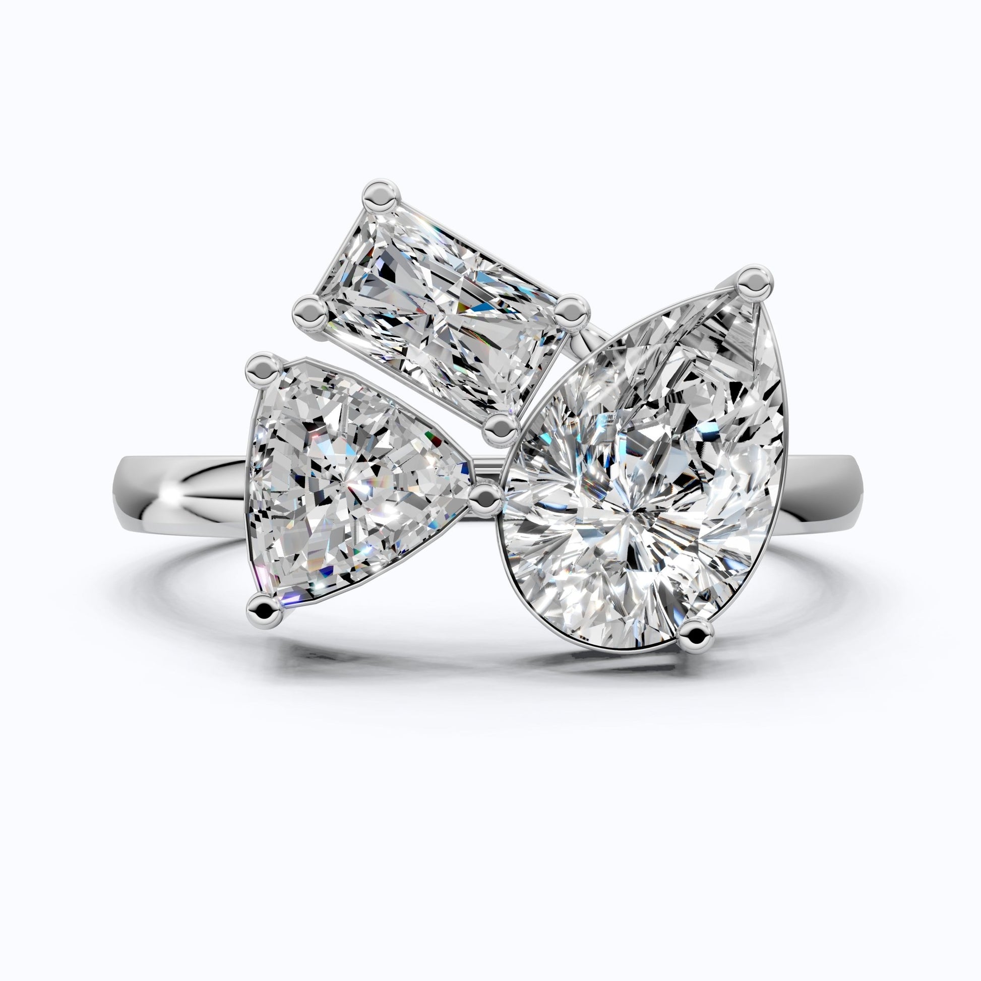 Three Stone Engagement Ring in 14K Solid Gold, 1.92 TCW Trillion/Radiant/Pear Cut Lab Grown Diamonds, Bridal Jewelry for Women, Handmade Jewelry - Shoora Designs