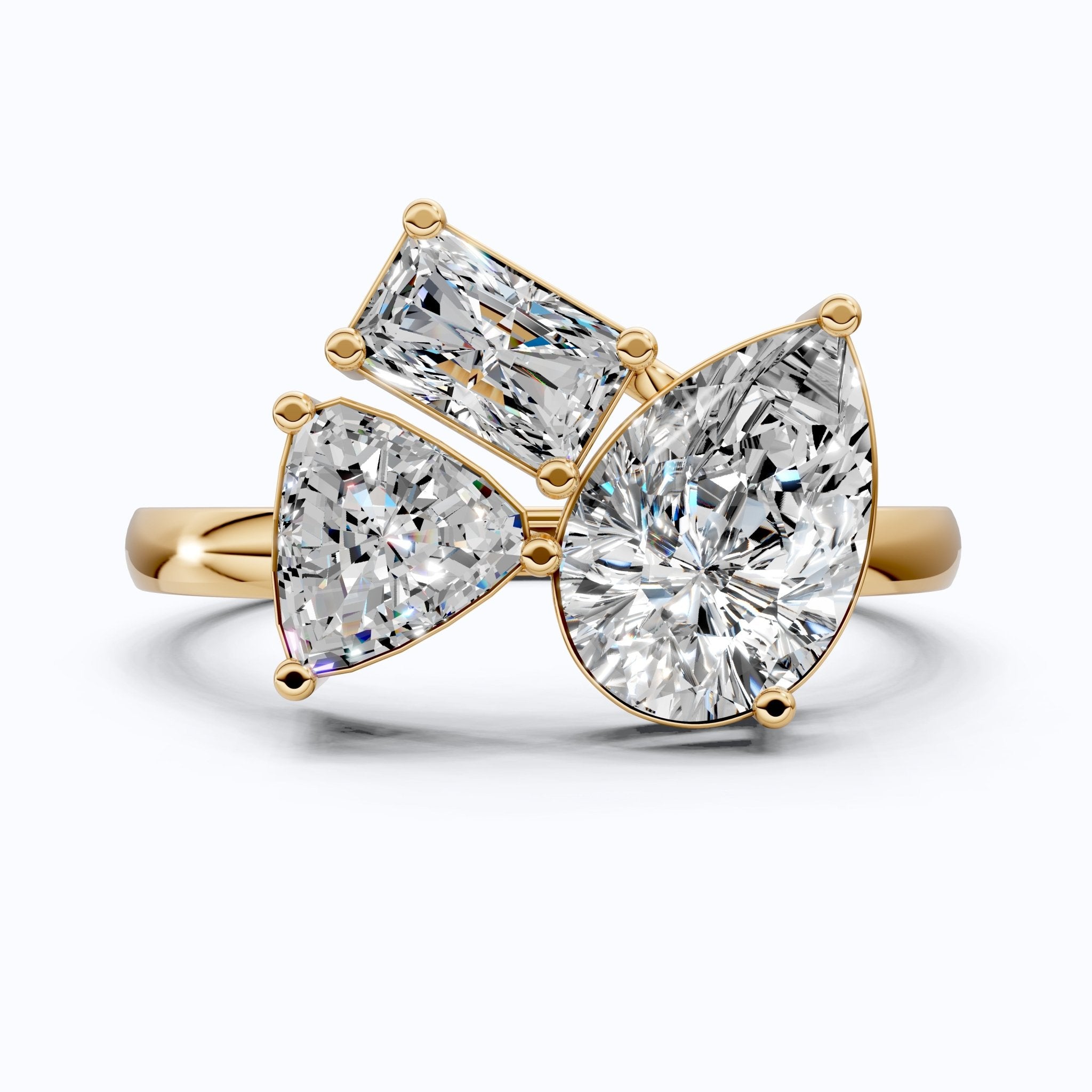 Three Stone Engagement Ring in 14K Solid Gold, 1.92 TCW Trillion/Radiant/Pear Cut Lab Grown Diamonds, Bridal Jewelry for Women, Handmade Jewelry - Shoora Designs