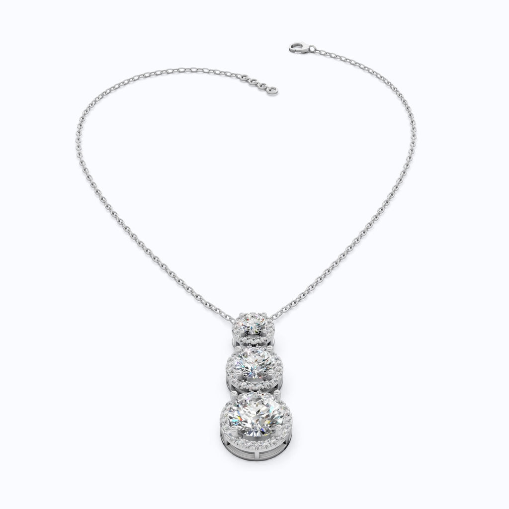 Three Stone Halo Drop Everyday Pendant in 14K Solid Gold, 4.11 TCW Round Cut Lab Grown Diamonds, Anniversary Gift for Her, Diamond Pendant - Shoora Designs