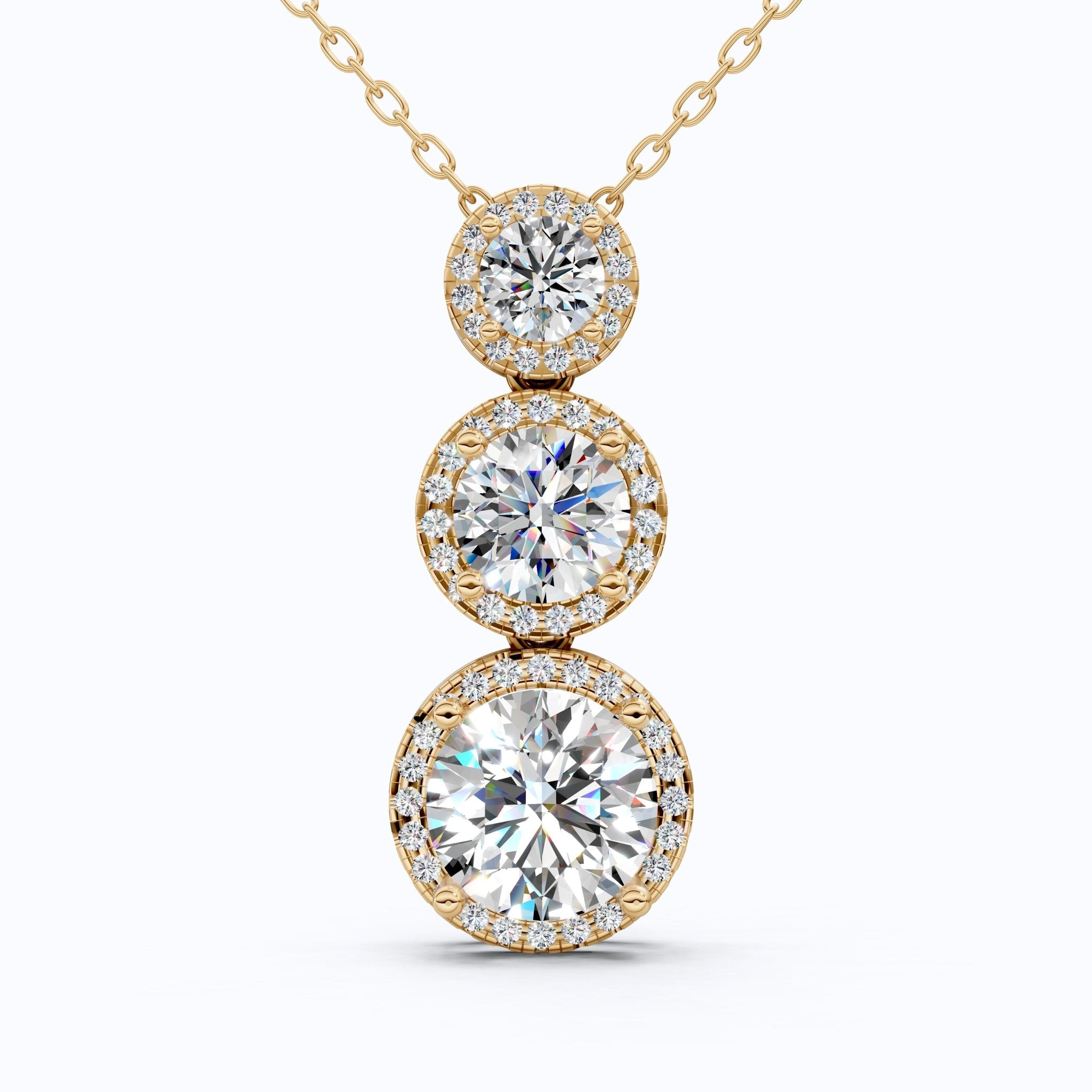 Three Stone Halo Drop Everyday Pendant in 14K Solid Gold, 4.11 TCW Round Cut Lab Grown Diamonds, Anniversary Gift for Her, Diamond Pendant - Shoora Designs