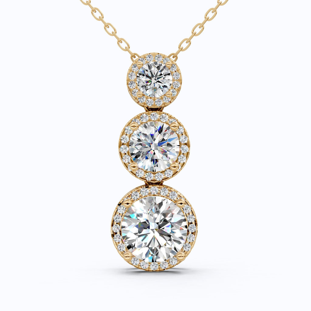 Three Stone Halo Drop Everyday Pendant in 14K Solid Gold, 4.11 TCW Round Cut Lab Grown Diamonds, Anniversary Gift for Her, Diamond Pendant - Shoora Designs