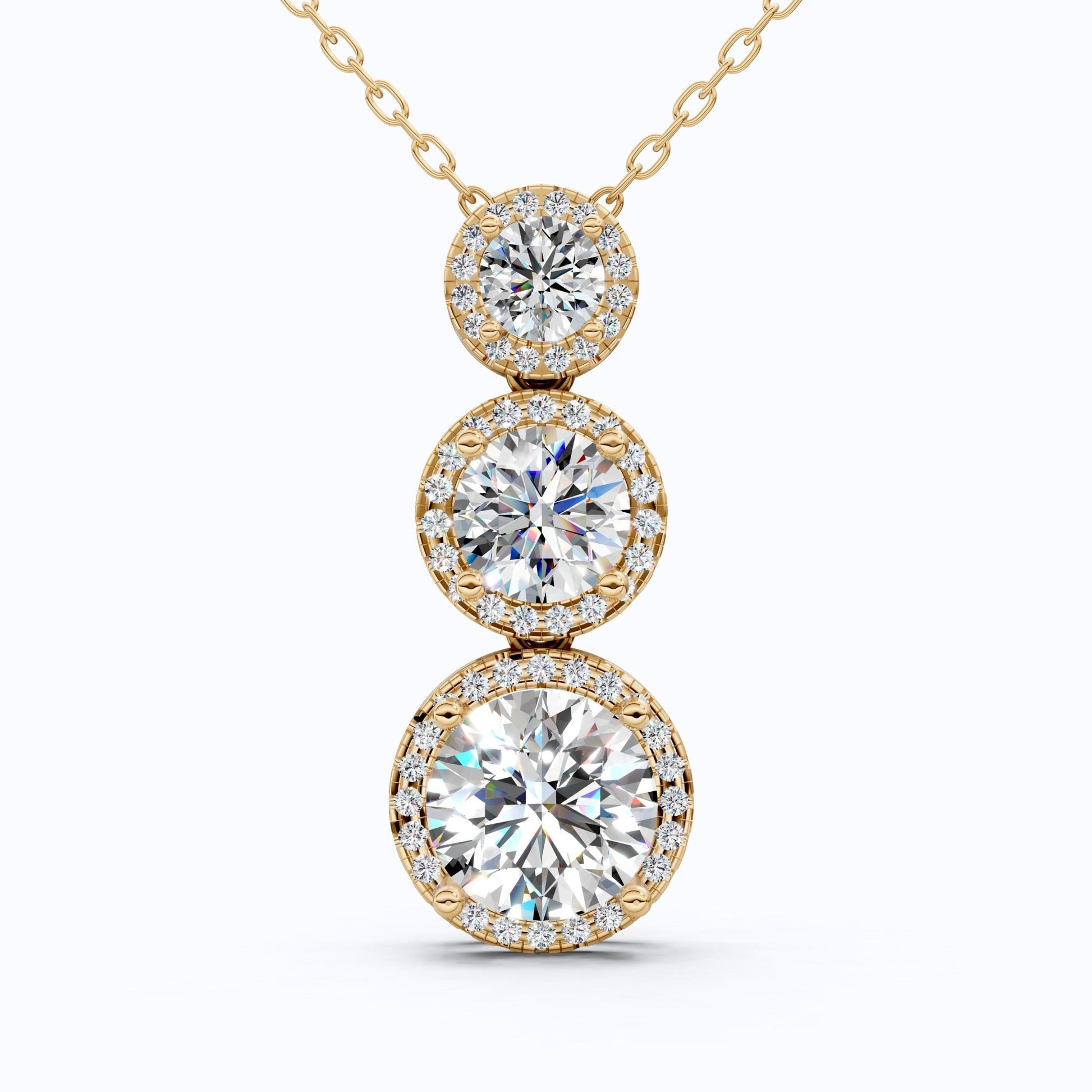 Three Stone Halo Drop Everyday Pendant in 14K Solid Gold, 4.11 TCW Round Cut Lab Grown Diamonds, Anniversary Gift for Her, Diamond Pendant - Shoora Designs