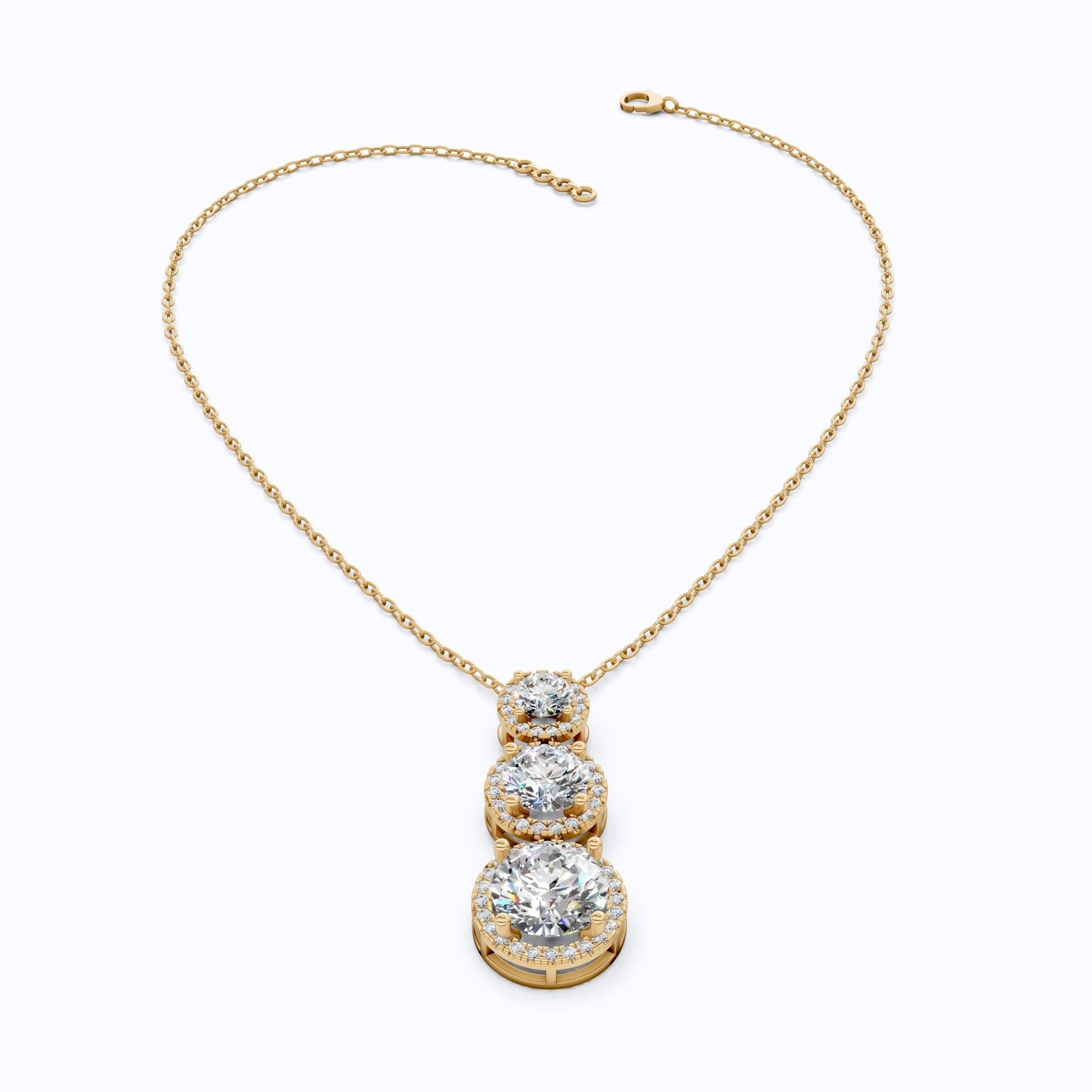 Three Stone Halo Drop Everyday Pendant in 14K Solid Gold, 4.11 TCW Round Cut Lab Grown Diamonds, Anniversary Gift for Her, Diamond Pendant - Shoora Designs