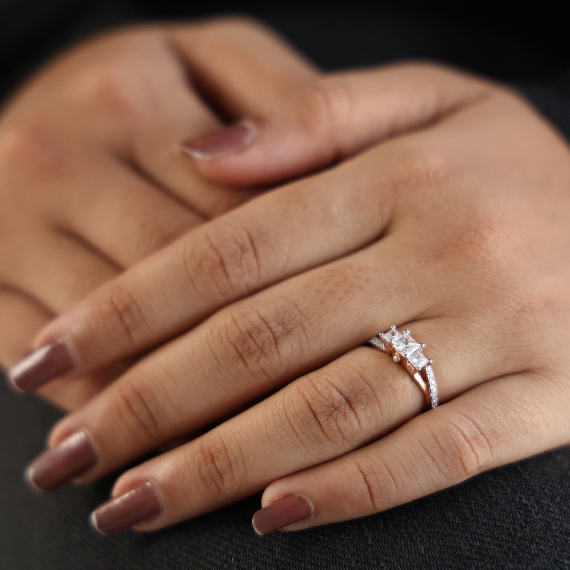 Three - Stone Princess Cut Bypass Pave Engagement Ring in 14K Solid Gold, 0.75 TCW Princess Cut Lab Grown Diamonds, Birthday Gift for Wife - Shoora Designs