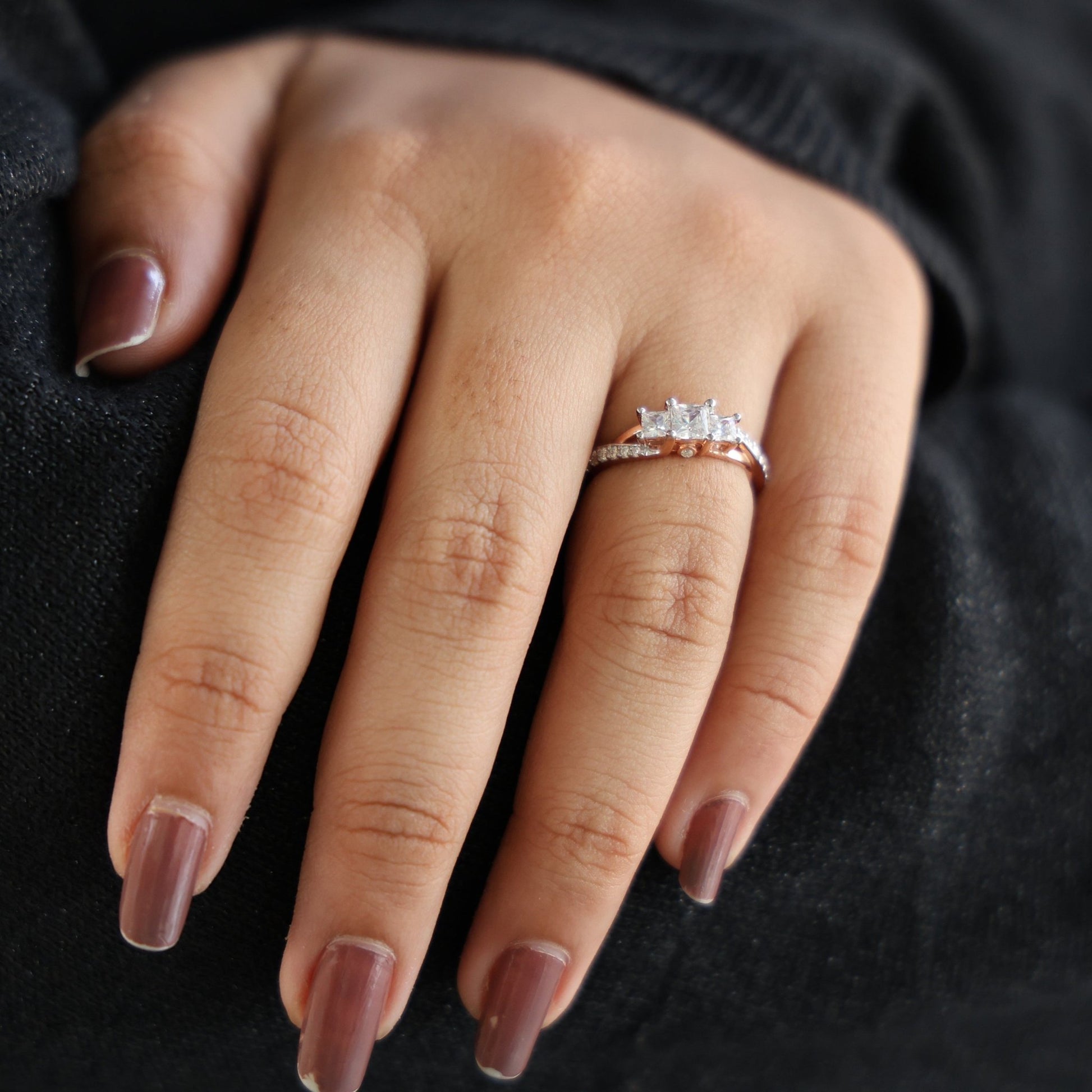 Three - Stone Princess Cut Bypass Pave Engagement Ring in 14K Solid Gold, 0.75 TCW Princess Cut Lab Grown Diamonds, Birthday Gift for Wife - Shoora Designs