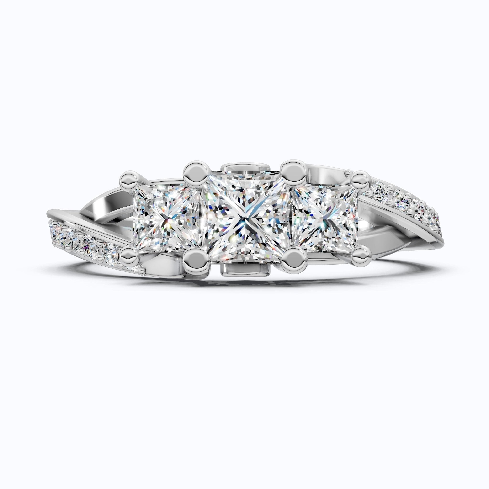 Three - Stone Princess Cut Bypass Pave Engagement Ring in 14K Solid Gold, 0.75 TCW Princess Cut Lab Grown Diamonds, Birthday Gift for Wife - Shoora Designs