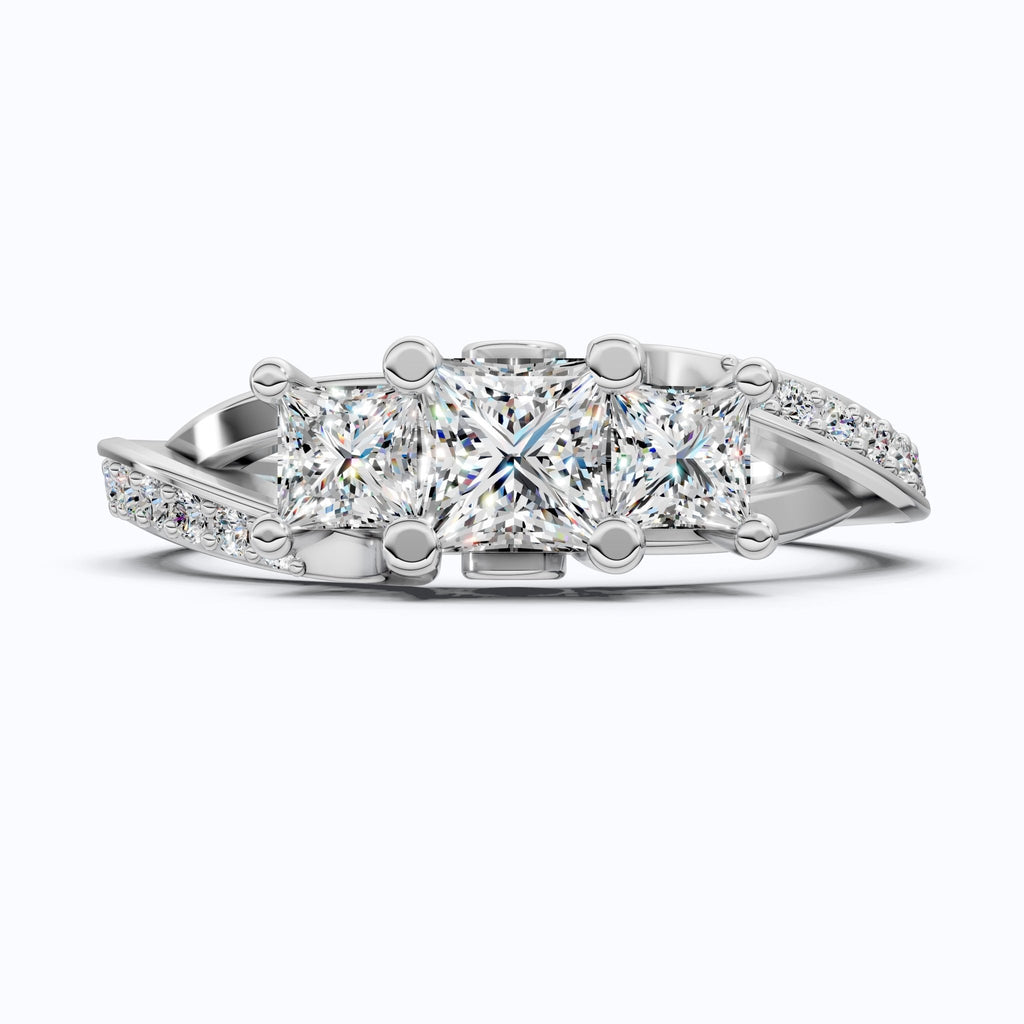 Three - Stone Princess Cut Bypass Pave Engagement Ring in 14K Solid Gold, 0.75 TCW Princess Cut Lab Grown Diamonds, Birthday Gift for Wife - Shoora Designs