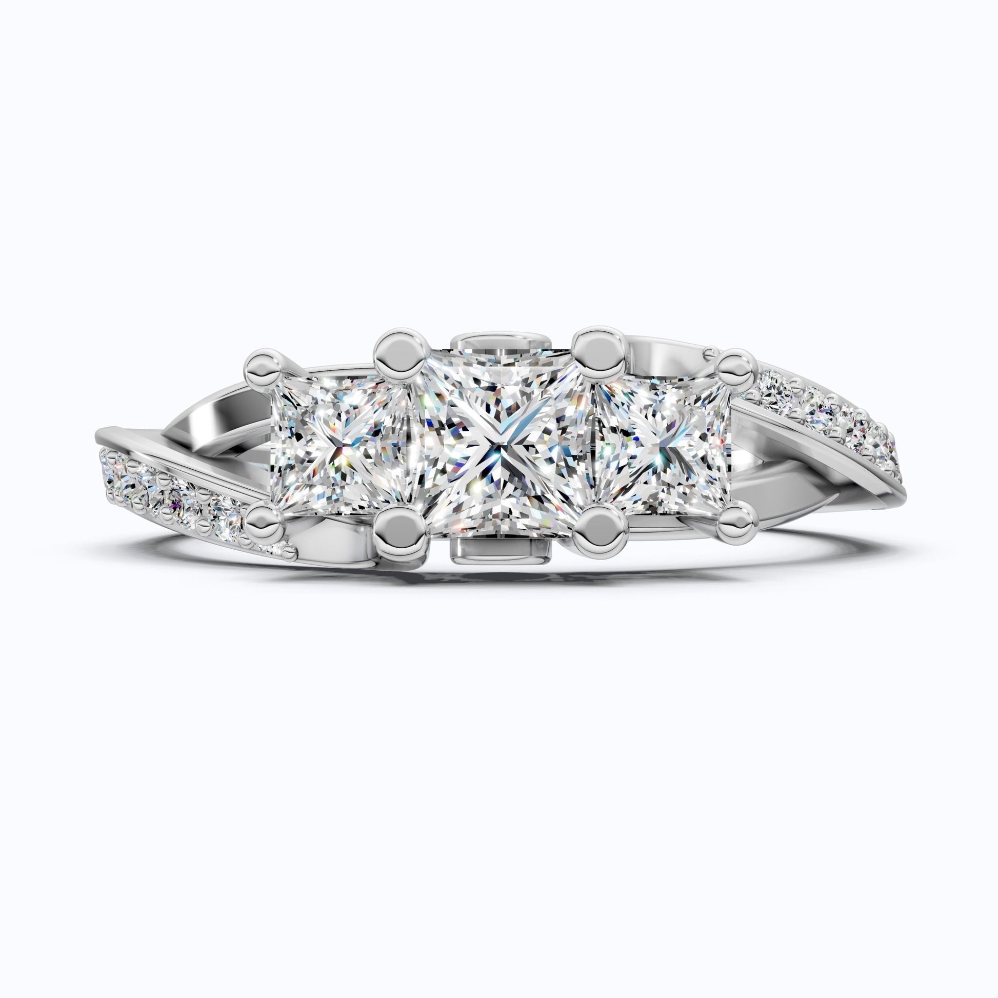 Three - Stone Princess Cut Bypass Pave Engagement Ring in 14K Solid Gold, 0.75 TCW Princess Cut Lab Grown Diamonds, Birthday Gift for Wife - Shoora Designs