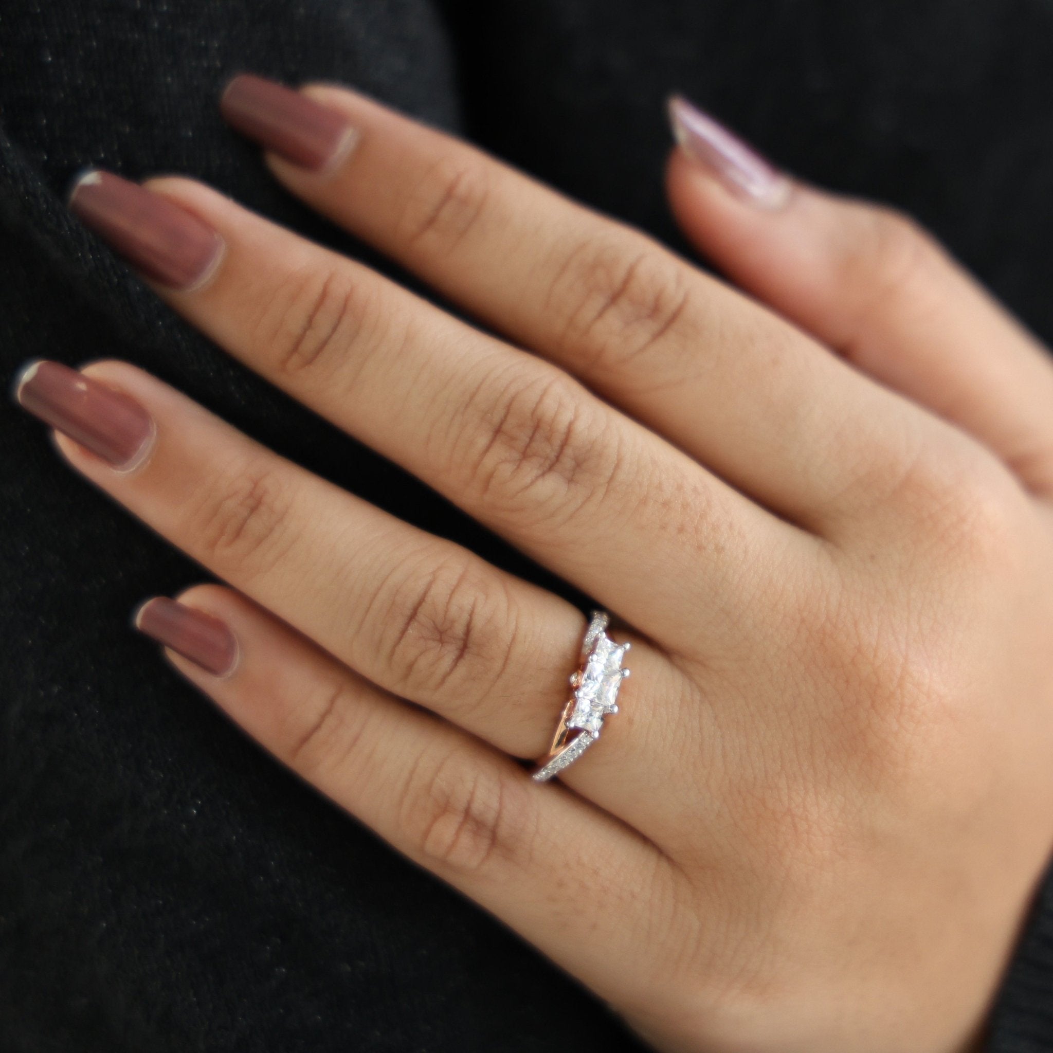 Three - Stone Princess Cut Bypass Pave Engagement Ring in 14K Solid Gold, 0.75 TCW Princess Cut Lab Grown Diamonds, Birthday Gift for Wife - Shoora Designs