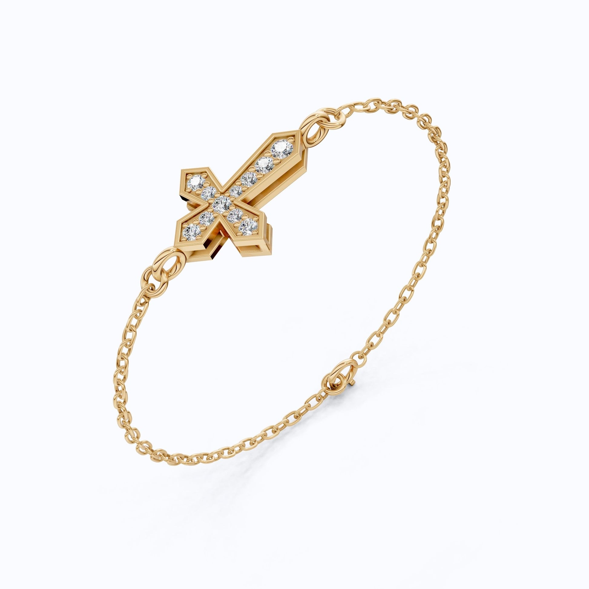 Tiny Angular Cross Center Chain Bracelet in 14K Solid Gold, 0.15 TCW Round Cut Lab Created diamonds, Everyday Jewelry, Anniversary Gift for Her - Shoora Designs