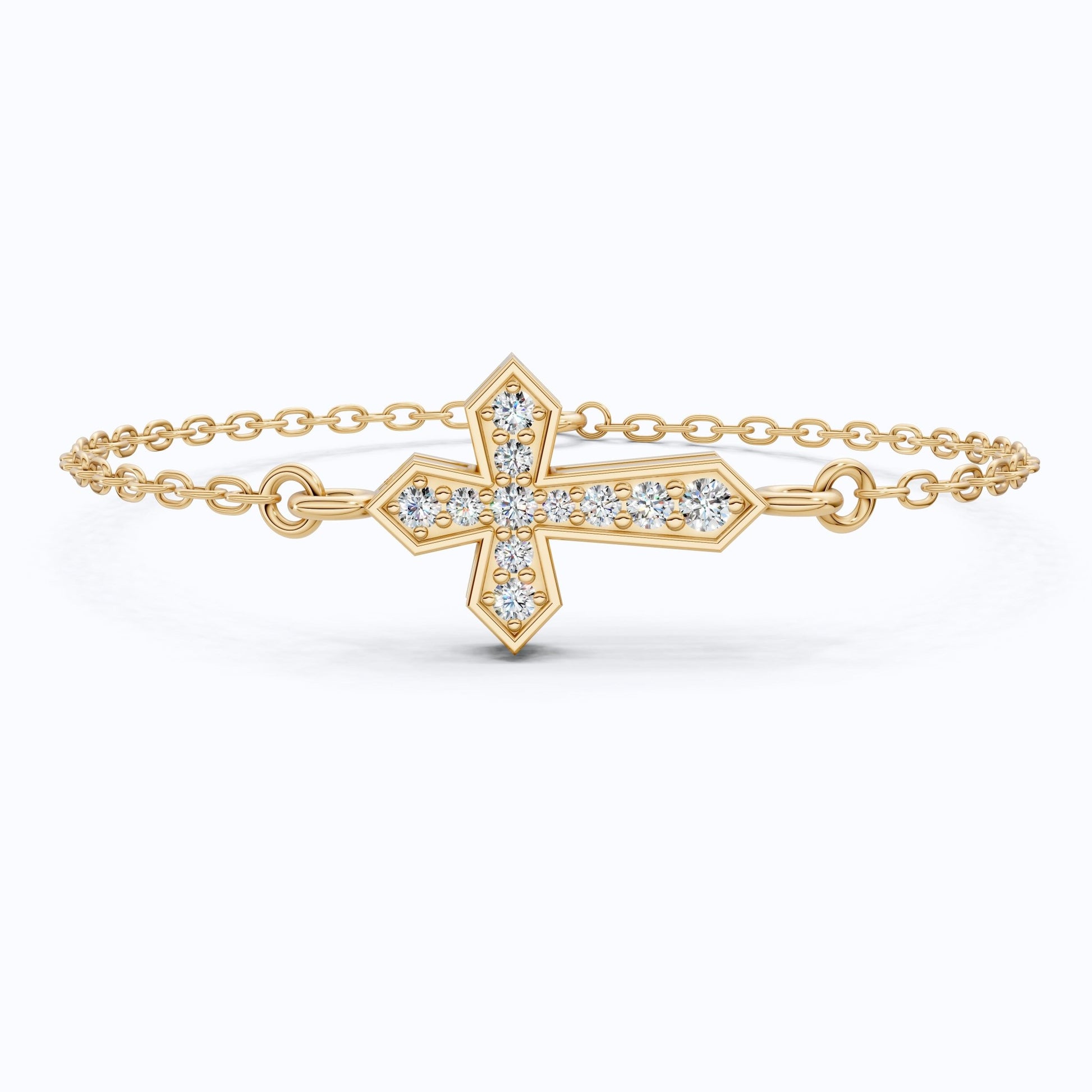 Tiny Angular Cross Center Chain Bracelet in 14K Solid Gold, 0.15 TCW Round Cut Lab Created diamonds, Everyday Jewelry, Anniversary Gift for Her - Shoora Designs