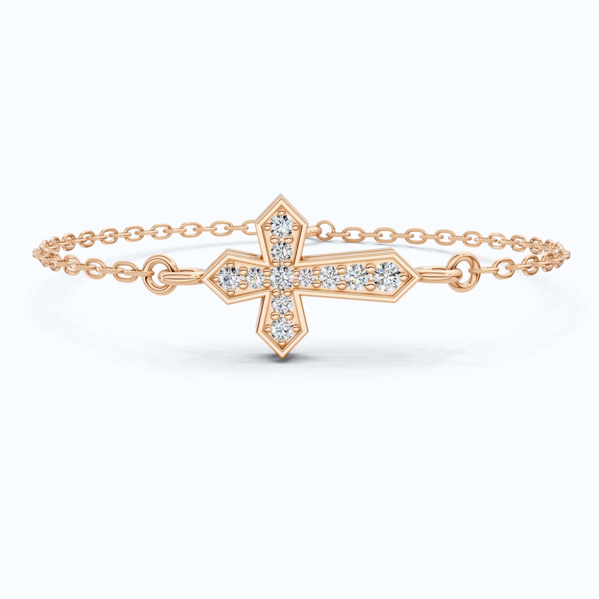 Tiny Angular Cross Center Chain Bracelet in 14K Solid Gold, 0.15 TCW Round Cut Lab Created diamonds, Everyday Jewelry, Anniversary Gift for Her - Shoora Designs