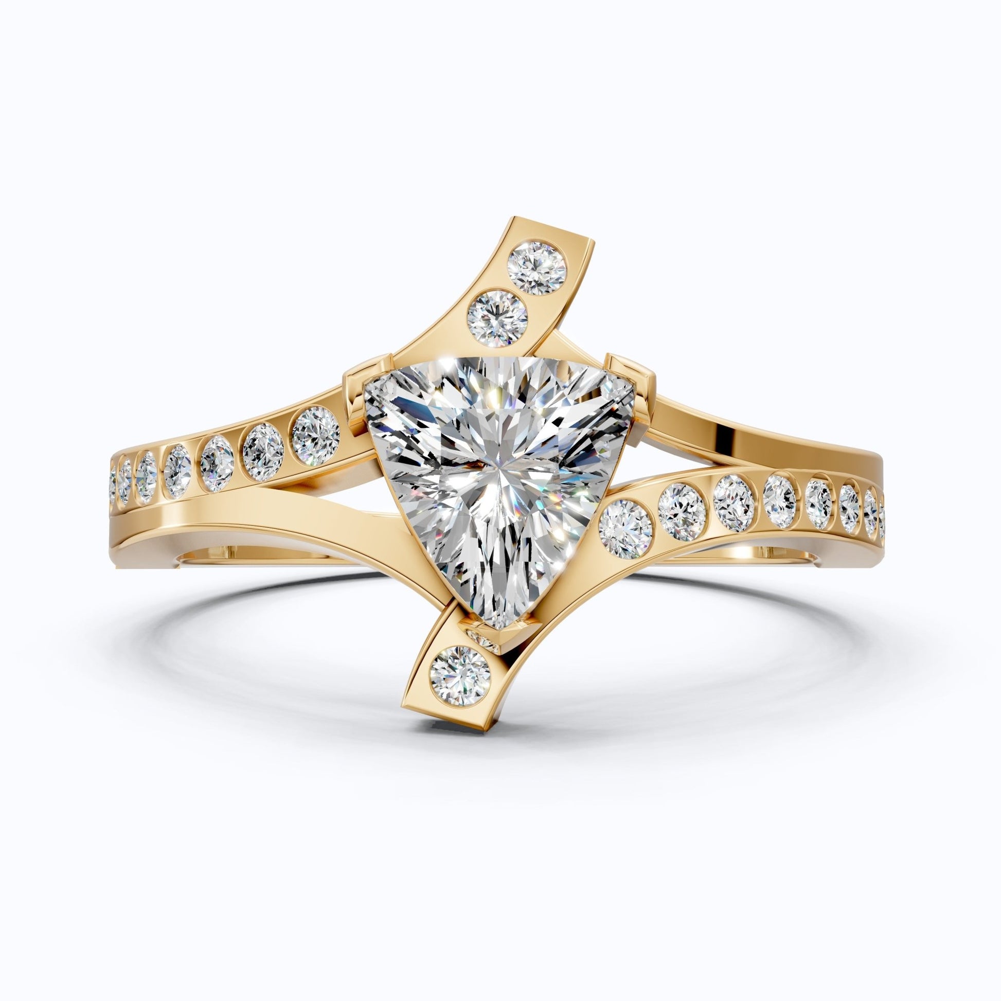 Trillion Cut Modern Sprit Shank Pave Engagement Ring in 14k Yellow Gold, Birthday Gift for Wife, Handmade Fine Jewelry - Shoora Designs