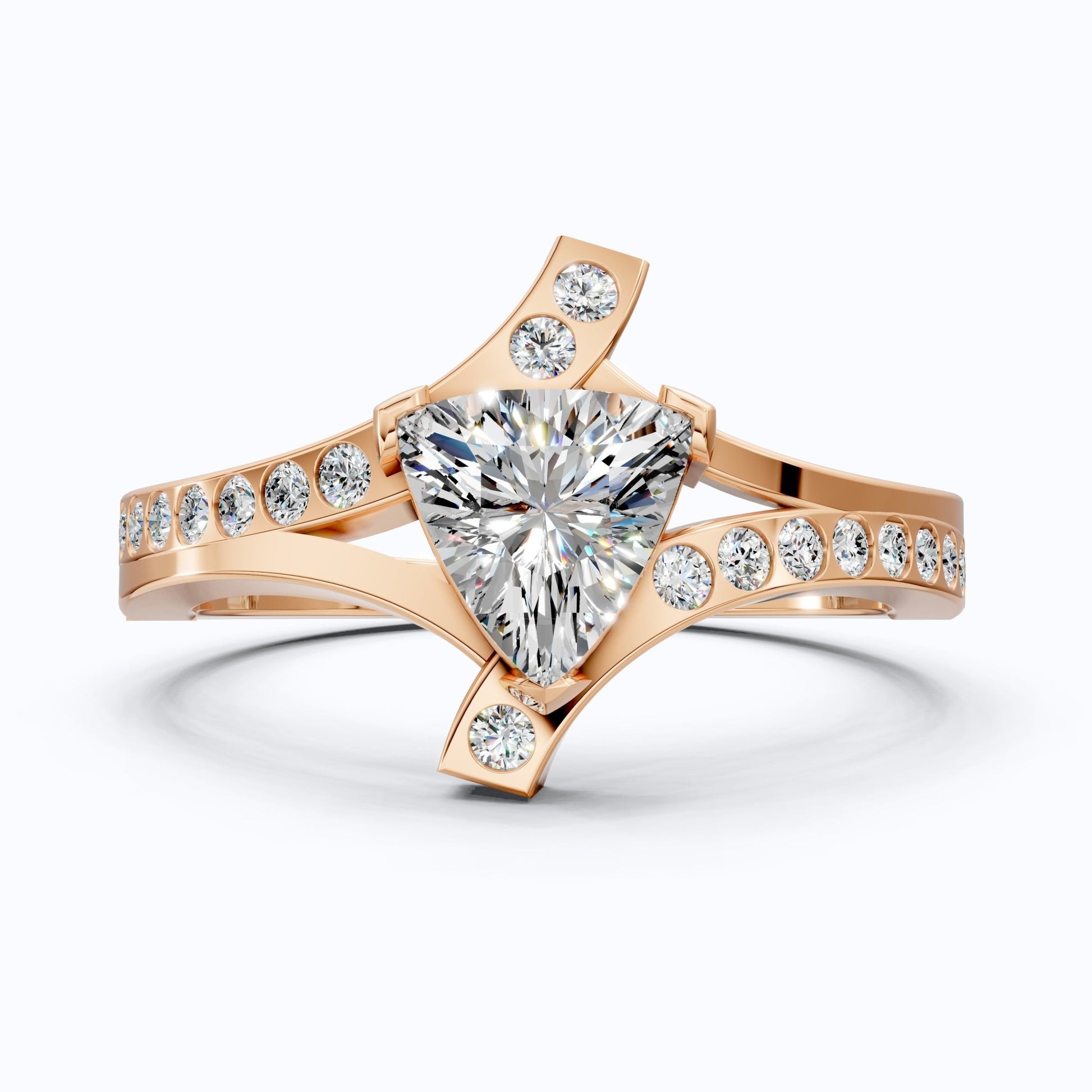 Trillion Cut Modern Sprit Shank Pave Engagement Ring in 14k Yellow Gold, Birthday Gift for Wife, Handmade Fine Jewelry - Shoora Designs