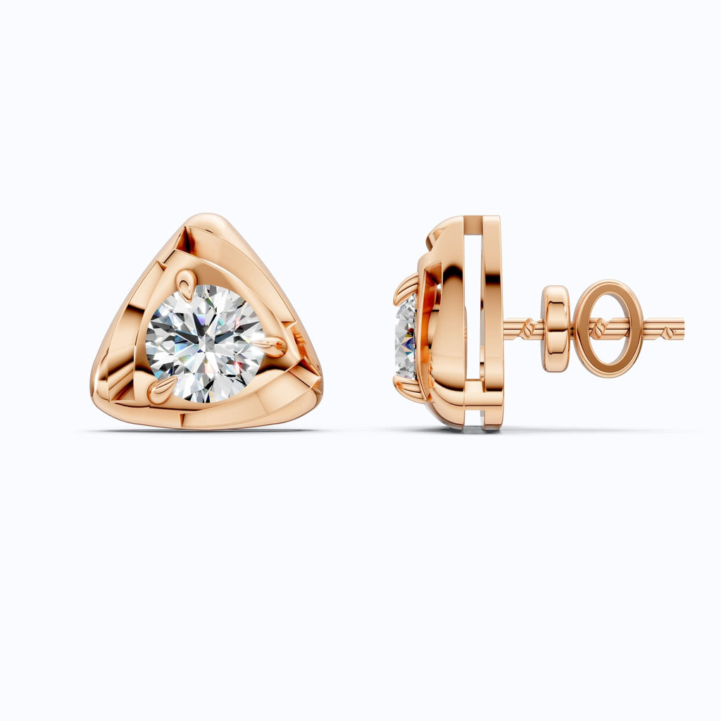 Trillion Frame Round Solitaire Stud Earrings in 14k Solid Gold, 1.00 TCW Round Cut Lab Created Diamonds, Unique Studs Gift for Wife, Everyday Earrings - Shoora Designs