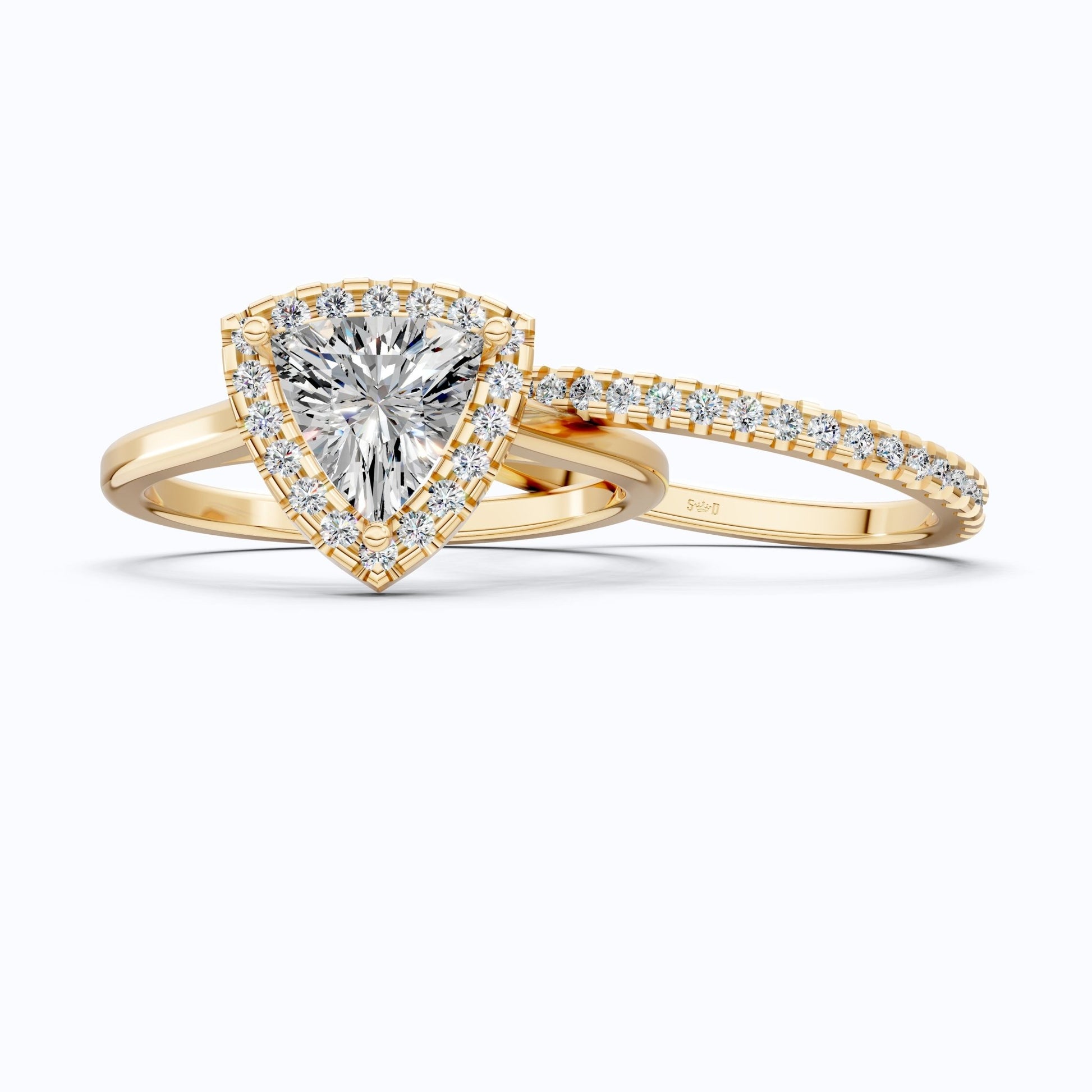 Trillion Halo with Pavé Band Bridal Set in Lab Diamond – 14k Solid Gold, Engagement Ring Set For Women, Anniversary Gift - Shoora Designs