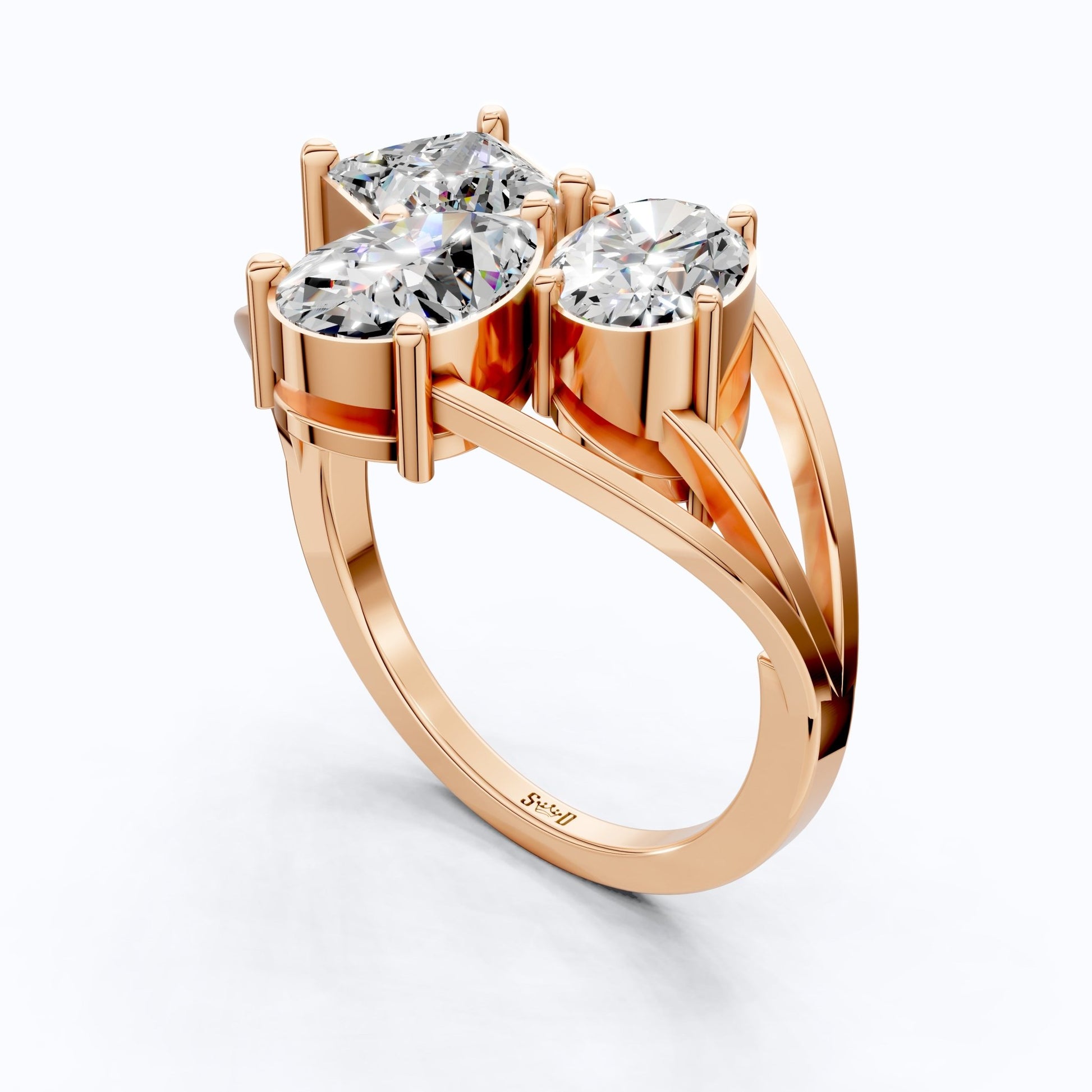 Trio Stone Split Shank Ring in Moissanite or Lab Grown Diamond – Solid 10k/14k Gold Engagement Ring, Anniversary Gift for Wife - Shoora Designs