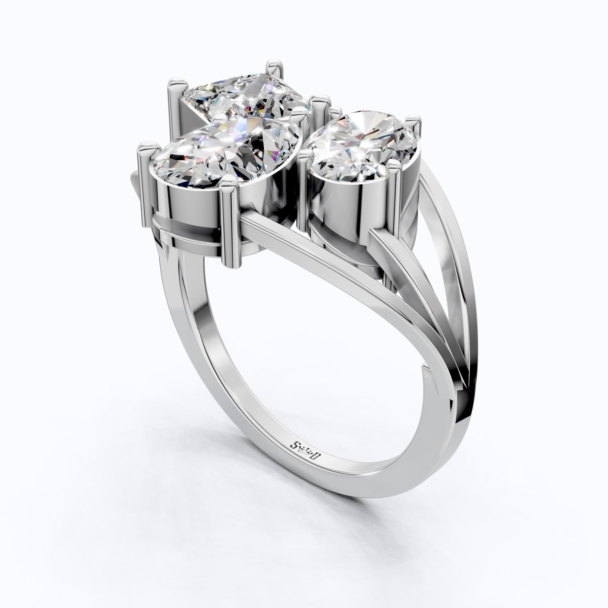 Trio Stone Split Shank Ring in Moissanite or Lab Grown Diamond – Solid 10k/14k Gold Engagement Ring, Anniversary Gift for Wife - Shoora Designs